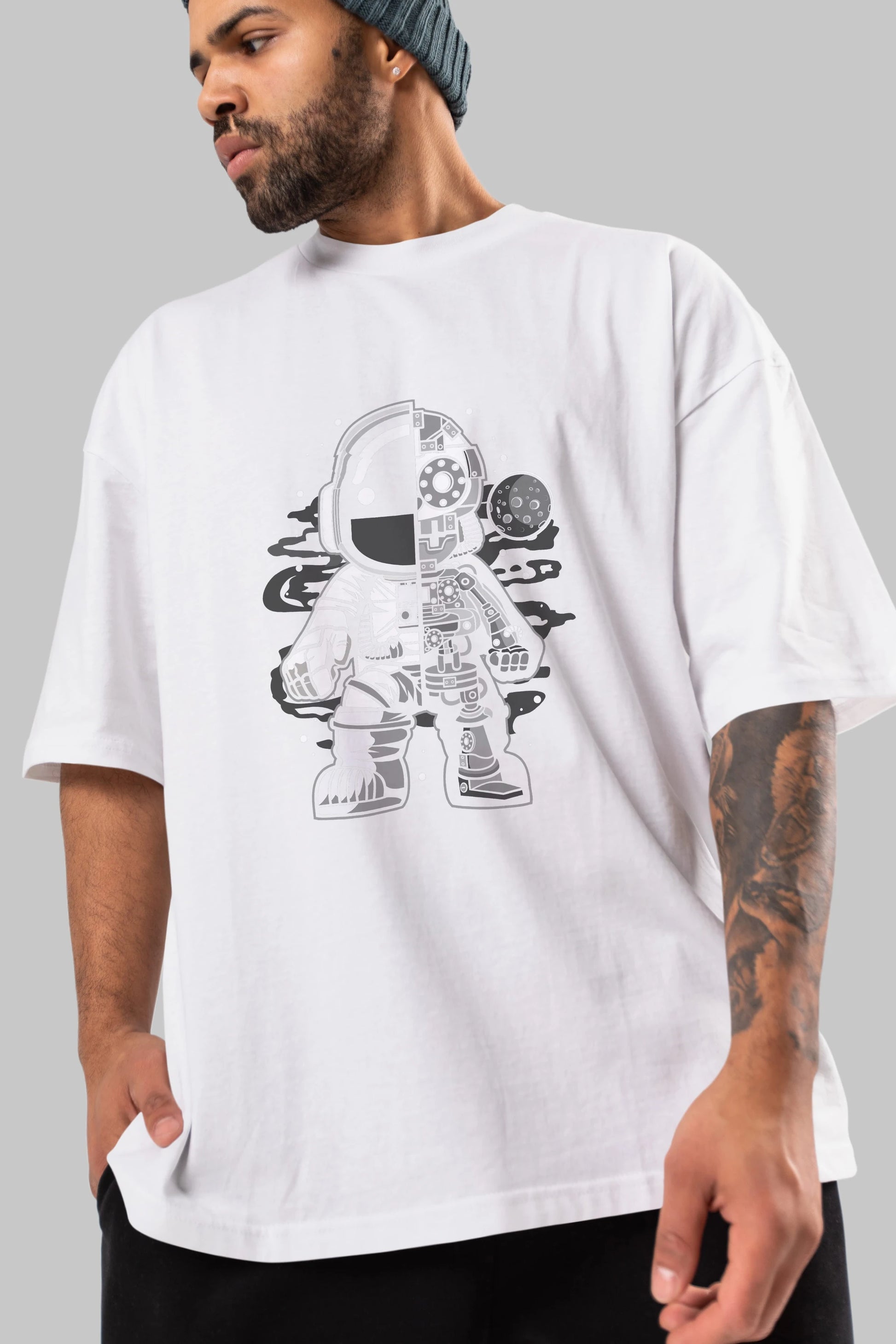 Astronaut Half Robot Ön Baskılı Oversize t-shirt Erkek Kadın Unisex