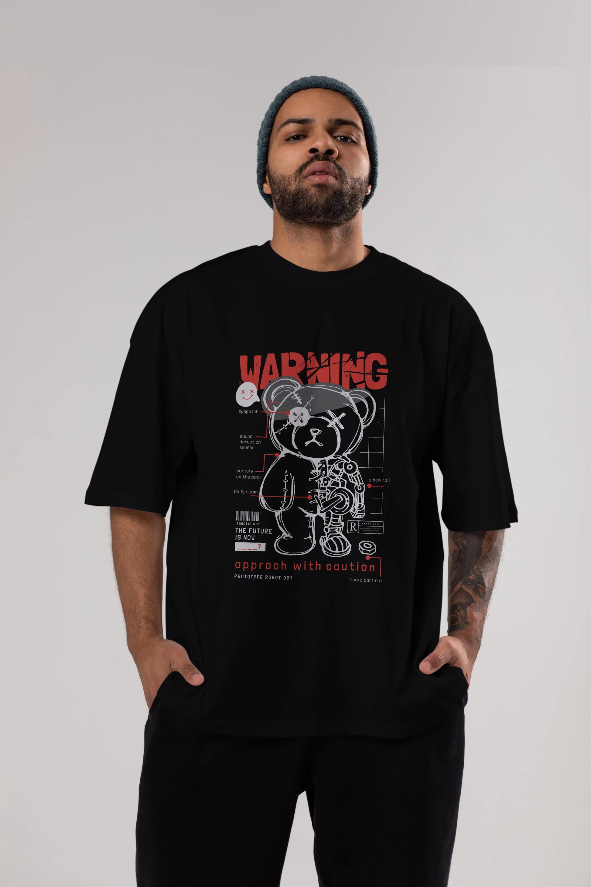 Teddy Bear Warning Ön Baskılı Oversize t-shirt Erkek Kadın Unisex