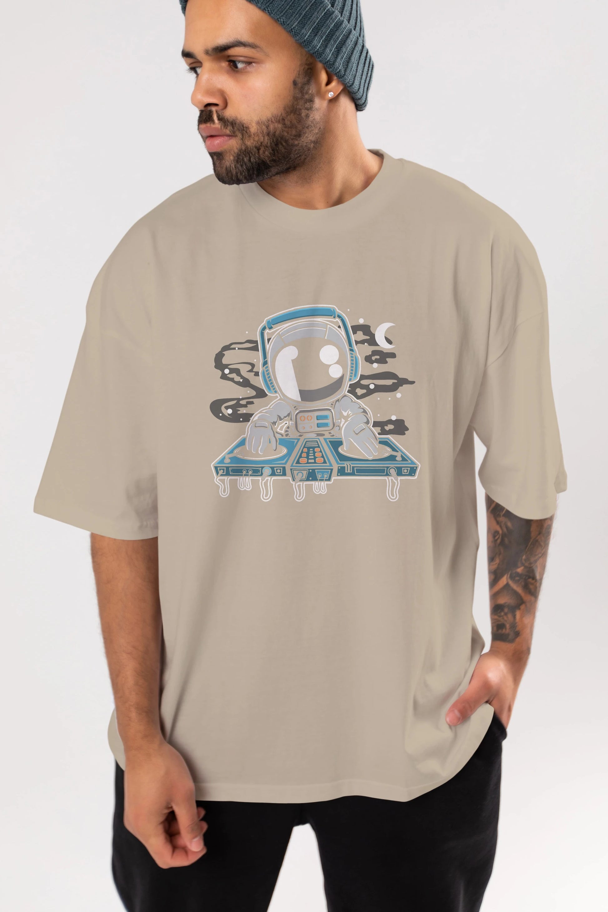 Astronaut Turntable Ön Baskılı Oversize t-shirt Erkek Kadın Unisex