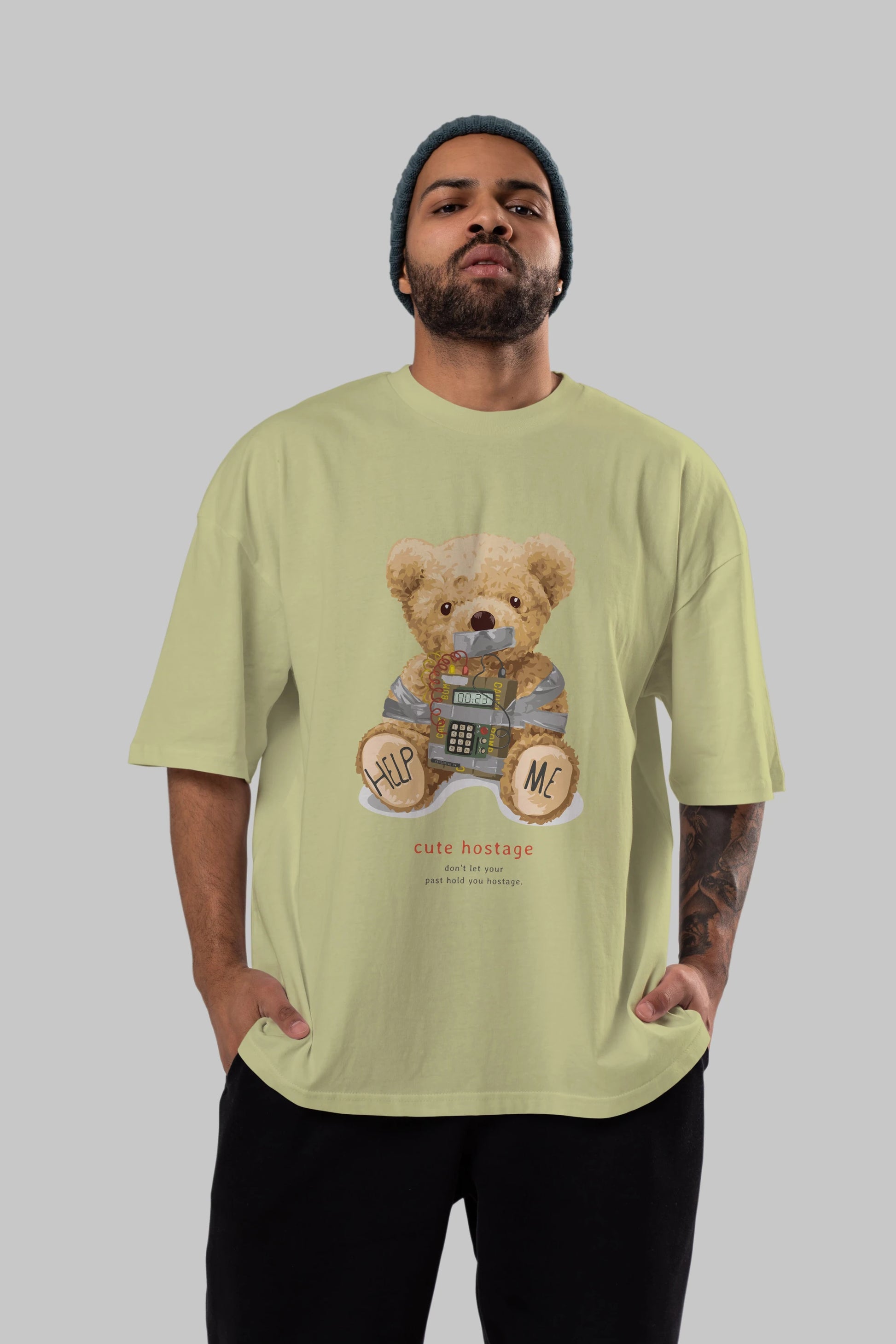 Teddy Bear Help Me Ön Baskılı Oversize t-shirt Erkek Kadın Unisex %100 Pamuk