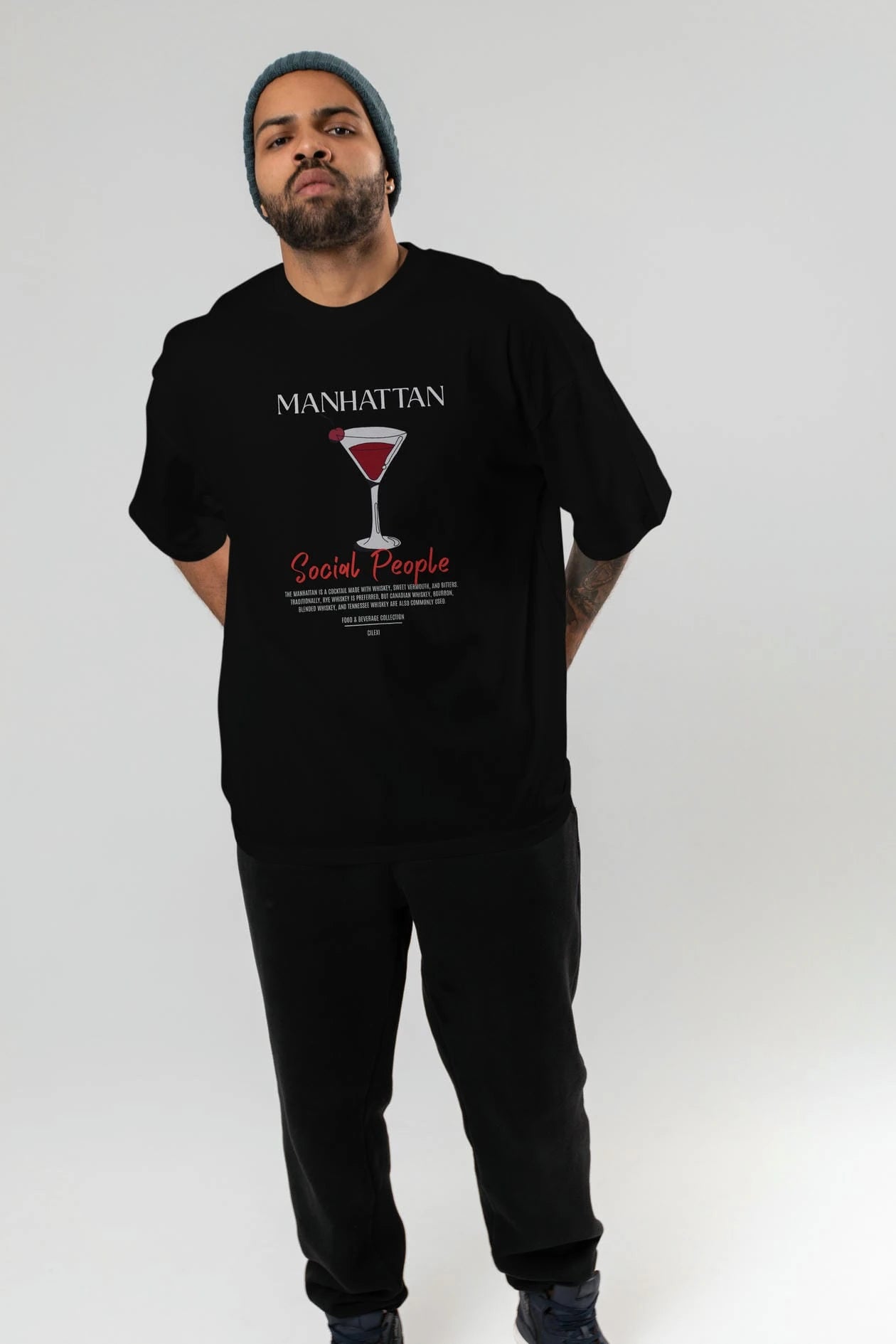 Manhattan Kokteyl Serisi ön Baskılı Oversize t-shirt Erkek Kadın %100 Pamuk Bisiklet Yaka tişort