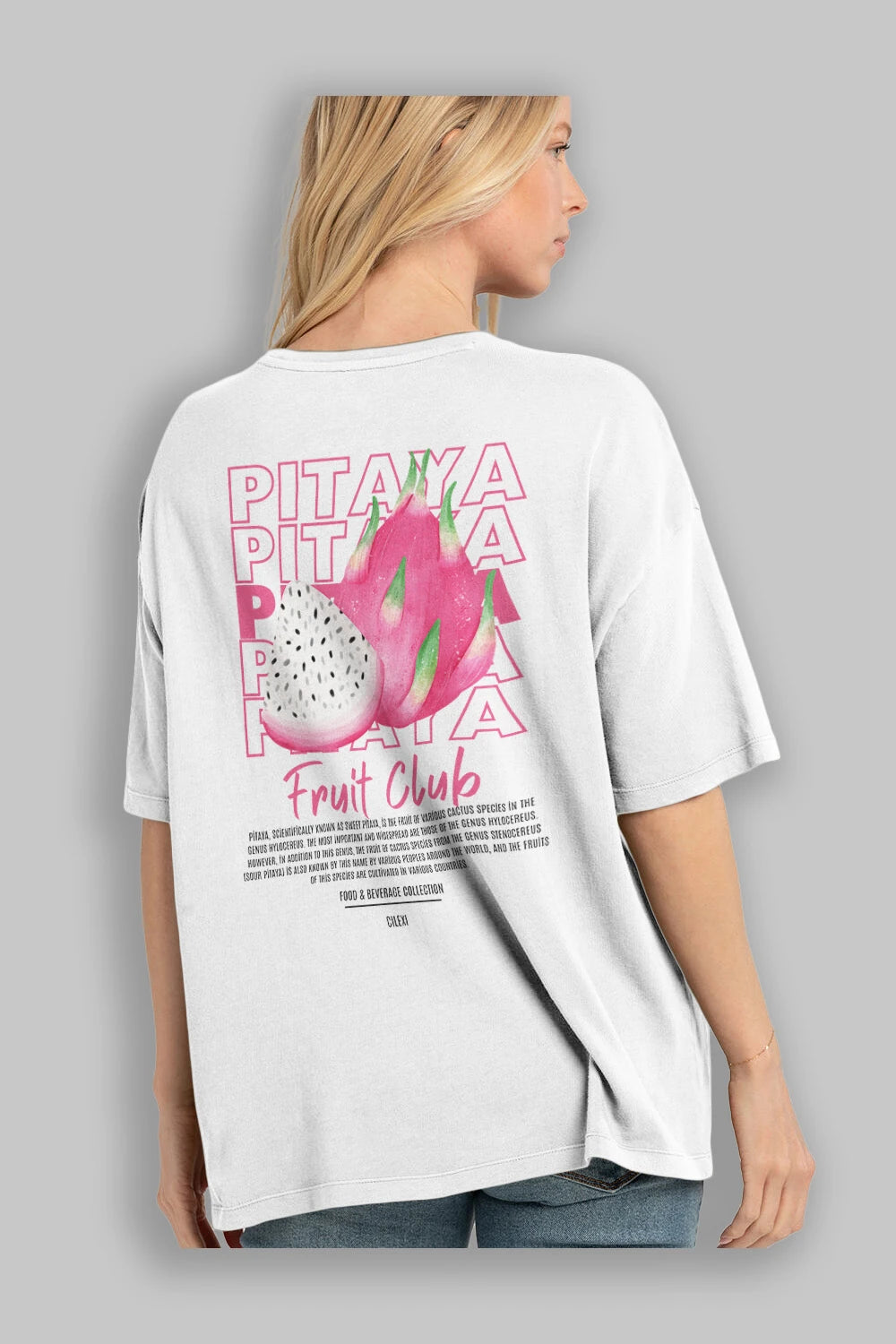 Pitaya Arka Baskılı Oversize t-shirt Erkek Kadın Pamuk Bisiklet Yaka tişort