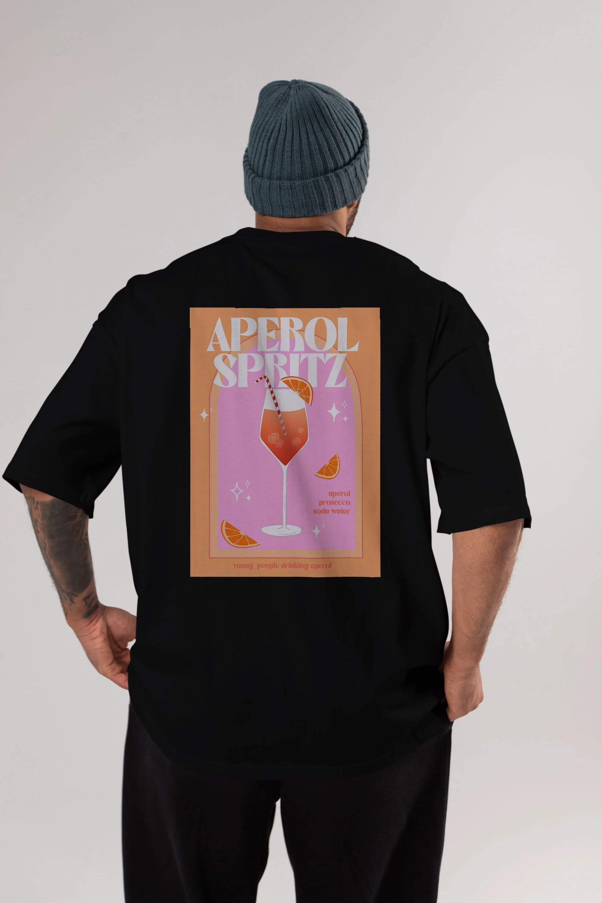Aperol Spritz 2 Arka Baskılı Oversize t-shirt Erkek Kadın Unisex %100 Pamuk Bisiklet Yaka tişort