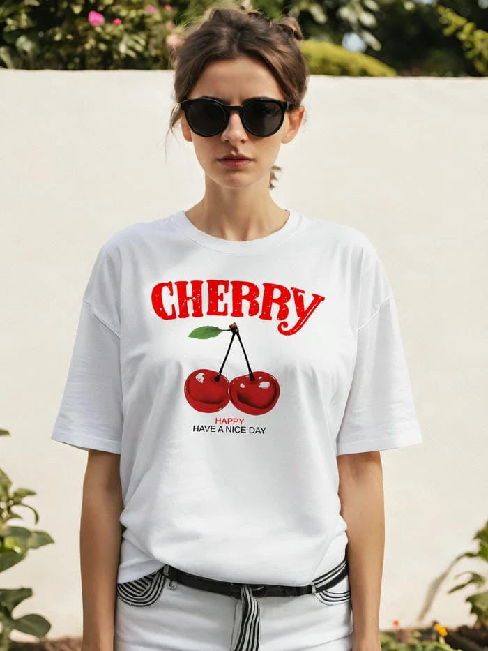 Cherry Cherries 5 Ön Baskılı Oversize t-shirt Erkek Kadın Pamuk Bisiklet Yaka tişort