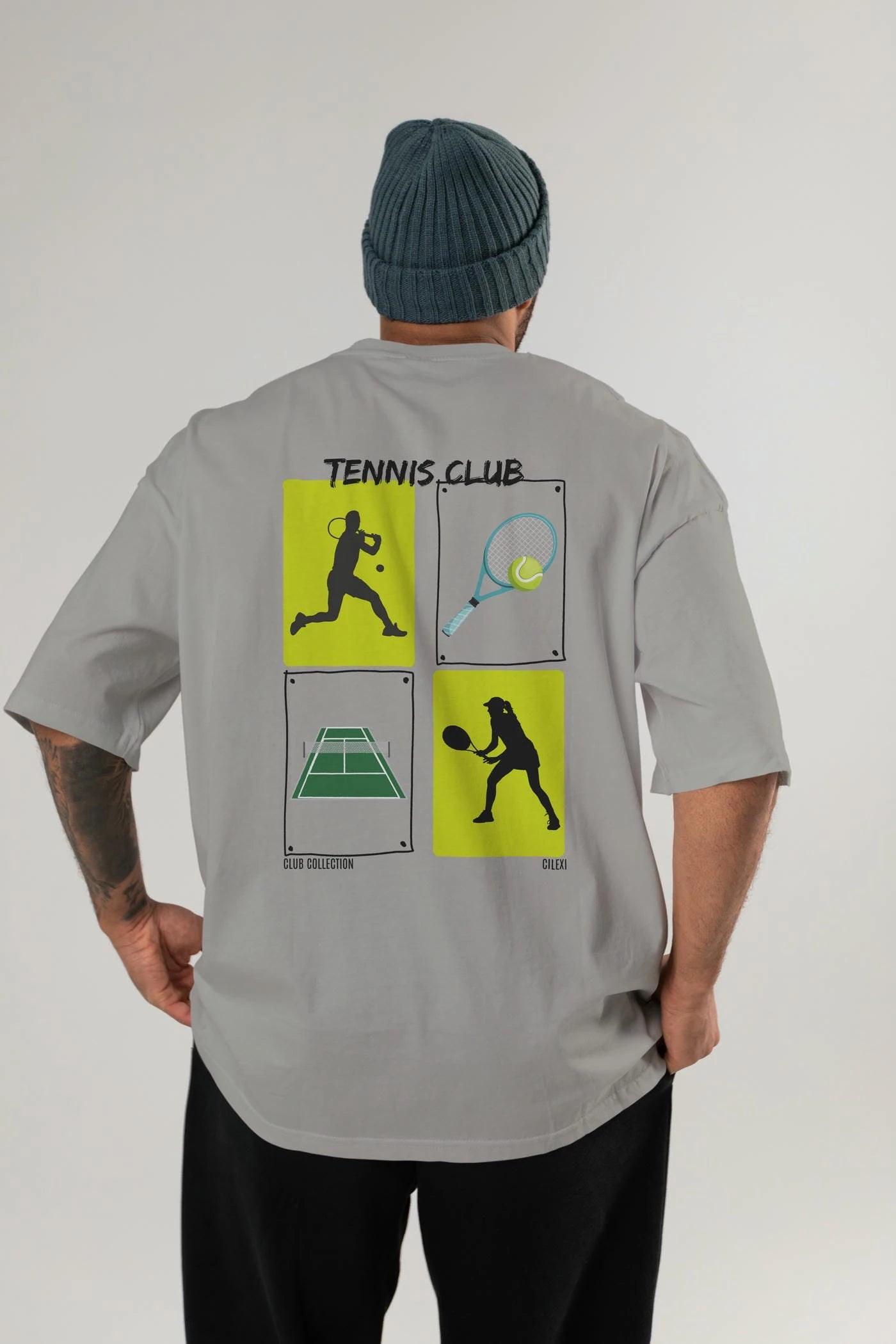 Tennis Club Arka Baskılı Oversize t-shirt Erkek Kadın %100 Pamuk Bisiklet Yaka tişort