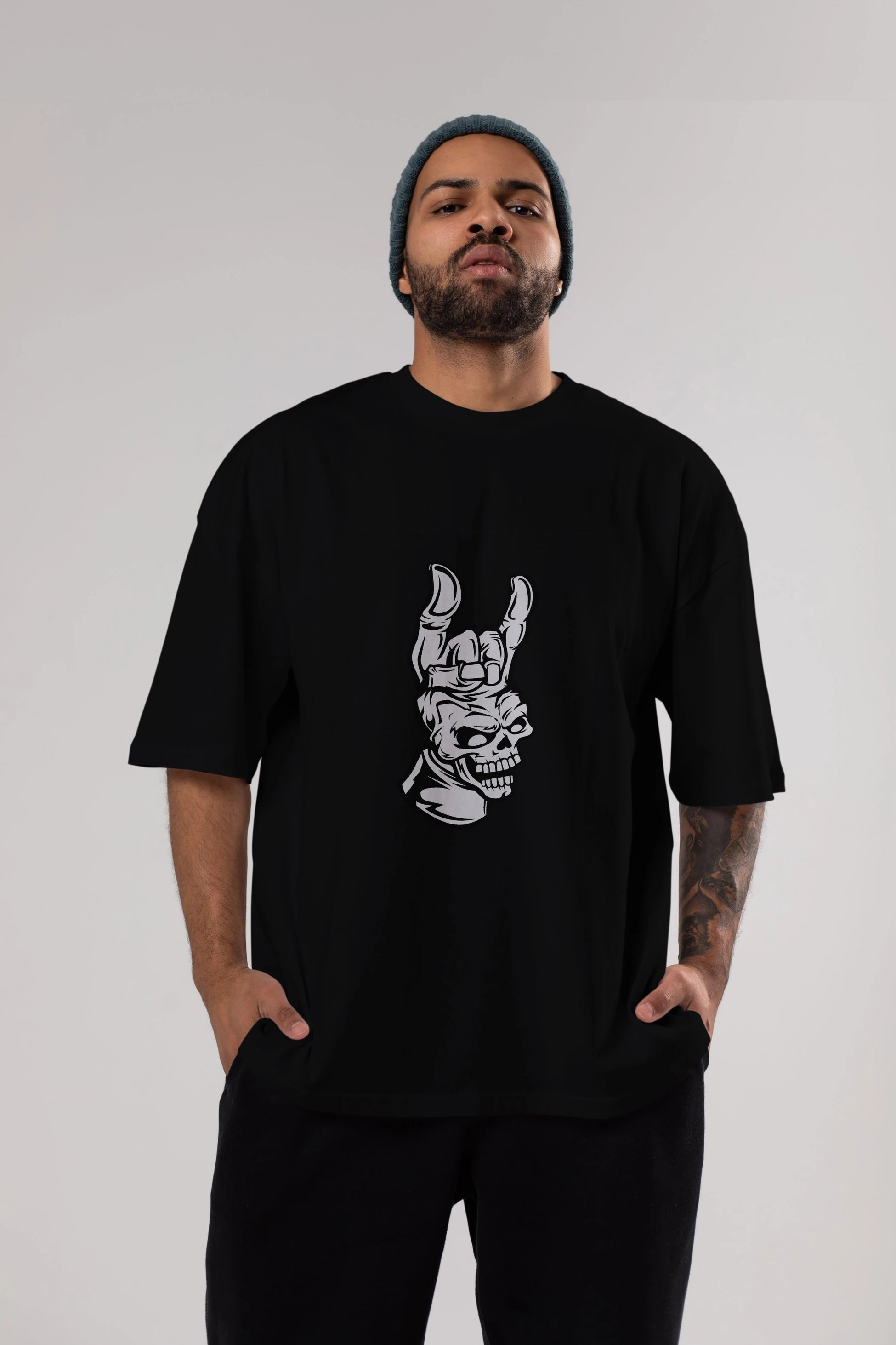 Hand Metal Skull Ön Baskılı Oversize t-shirt Erkek Kadın Unisex %100 Pamuk tişort
