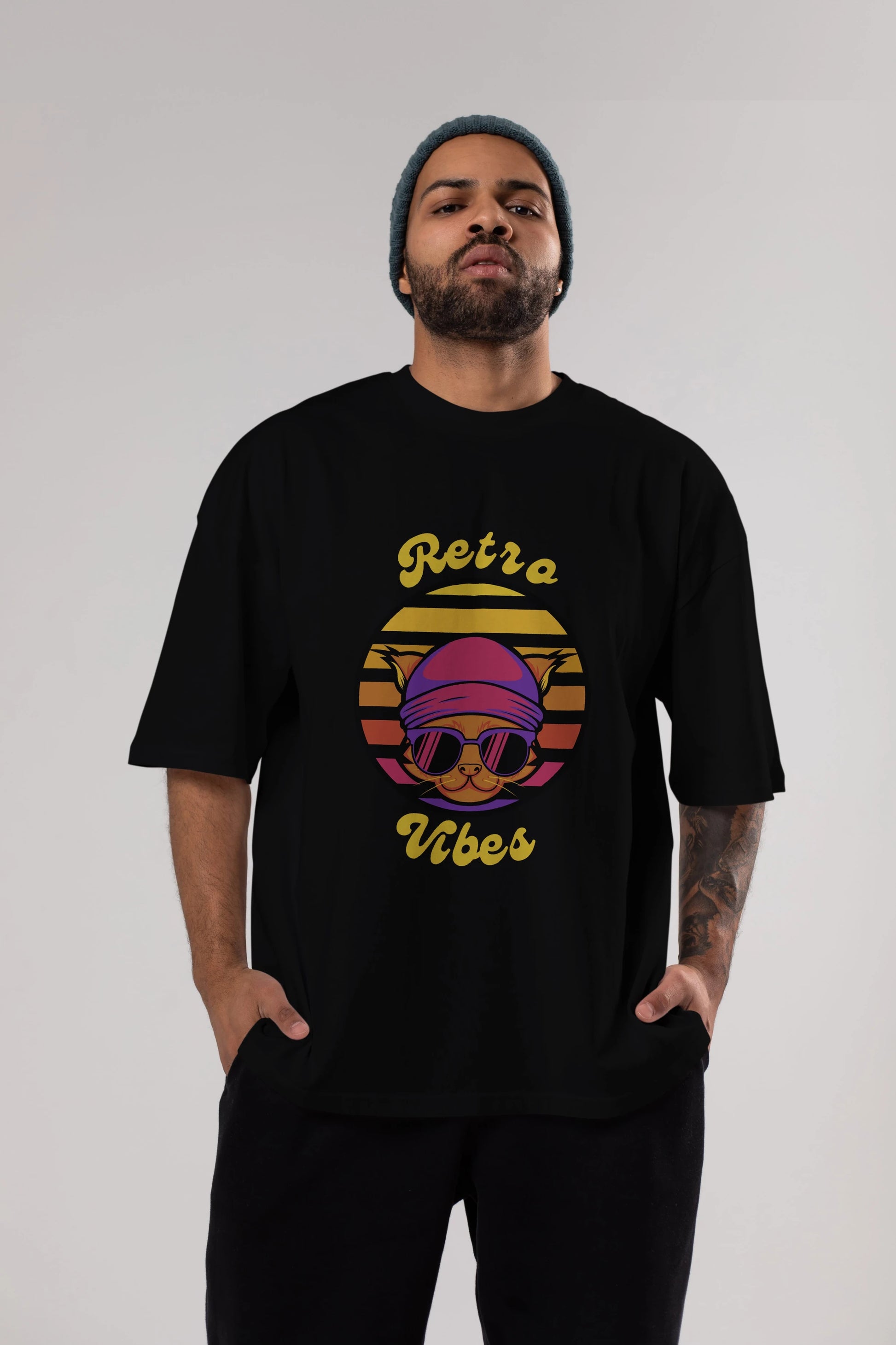 Cat Retro Vibes Ön Baskılı Oversize t-shirt Erkek Kadın Unisex