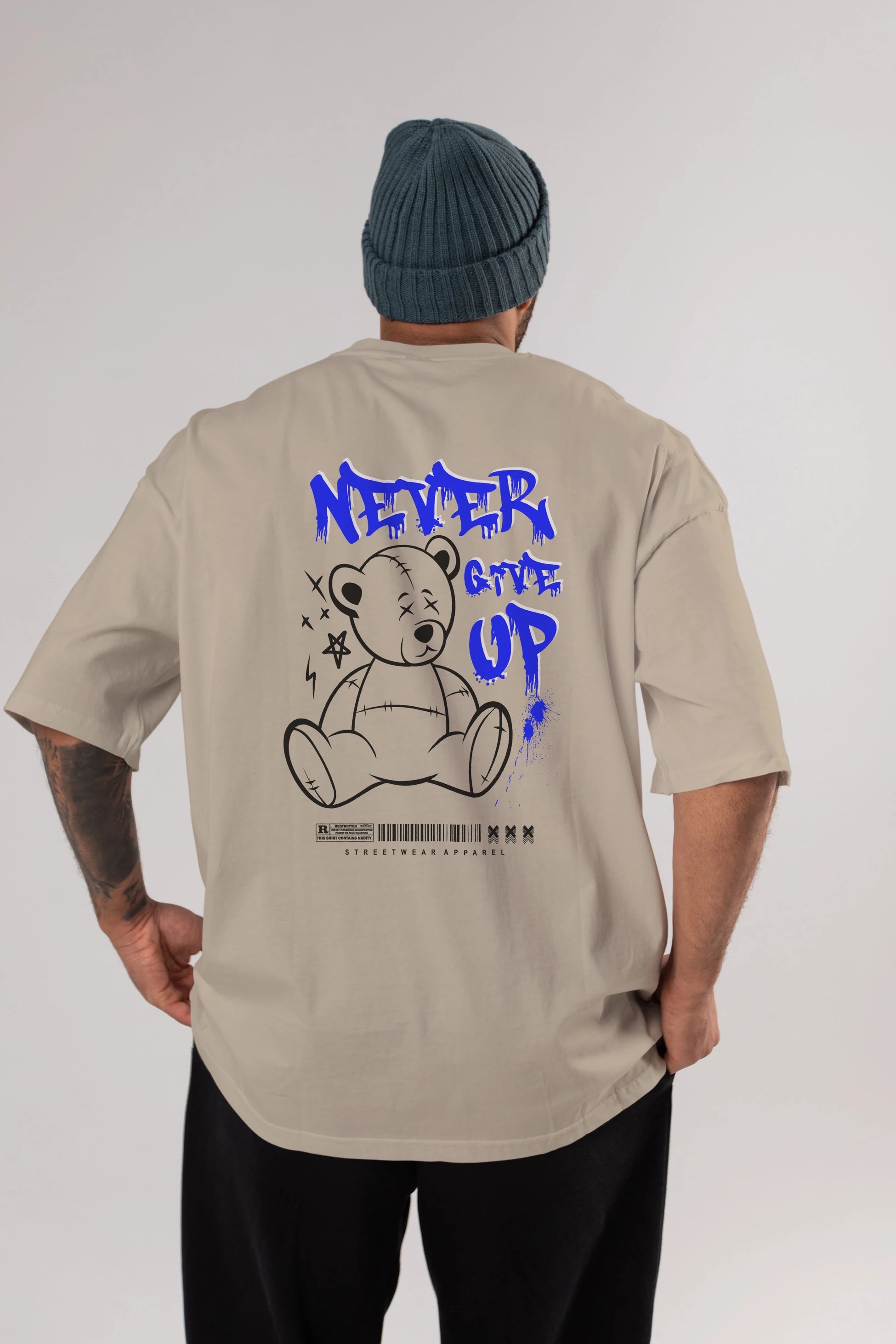 Teddy Bear Never Give Up Arka Baskılı Oversize t-shirt Erkek Kadın Unisex