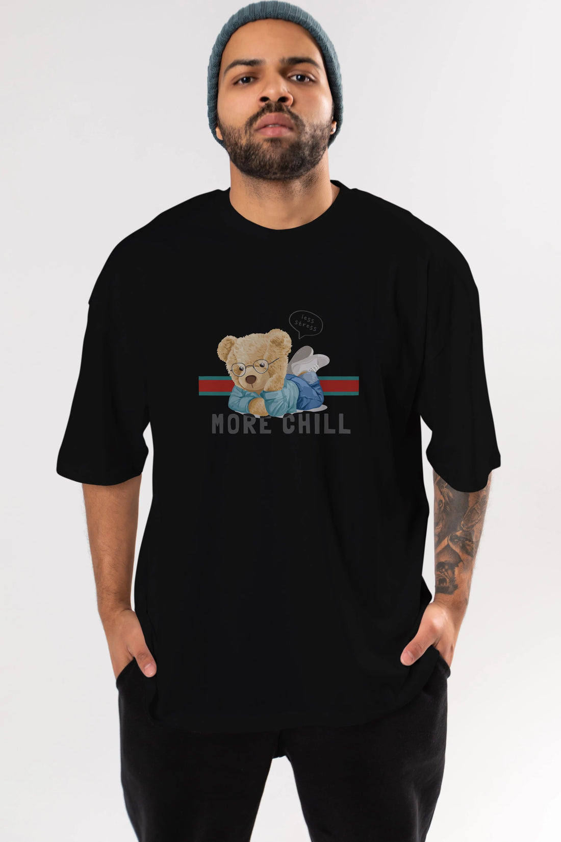 Teddy Bear More Chill Ön Baskılı Oversize t-shirt Erkek Kadın Unisex %100 Pamuk