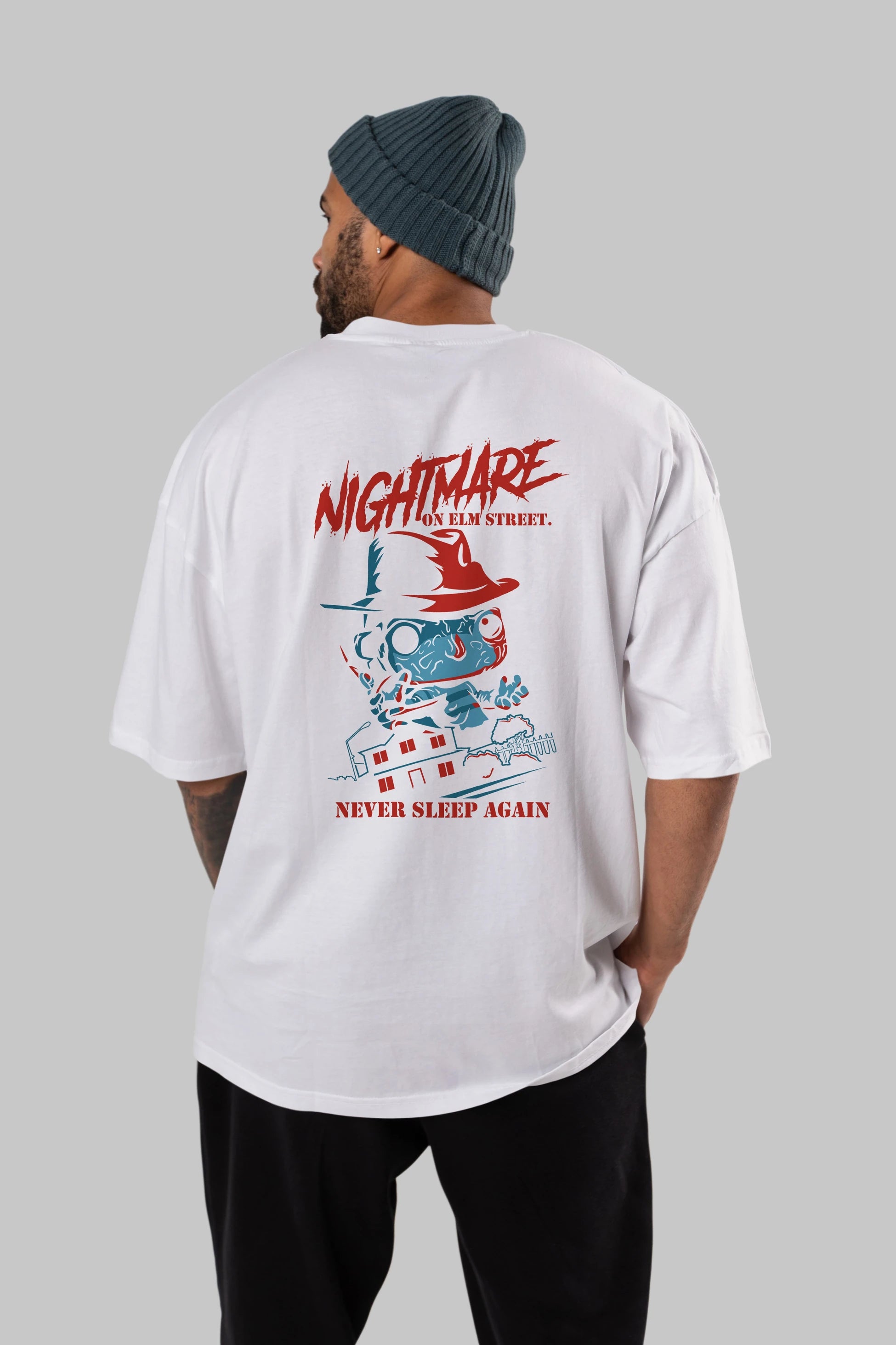 Nightmare Elm Sokağı Arka Baskılı Oversize t-shirt Erkek Kadın Unisex %100 Pamuk Bisiklet Yaka tişort