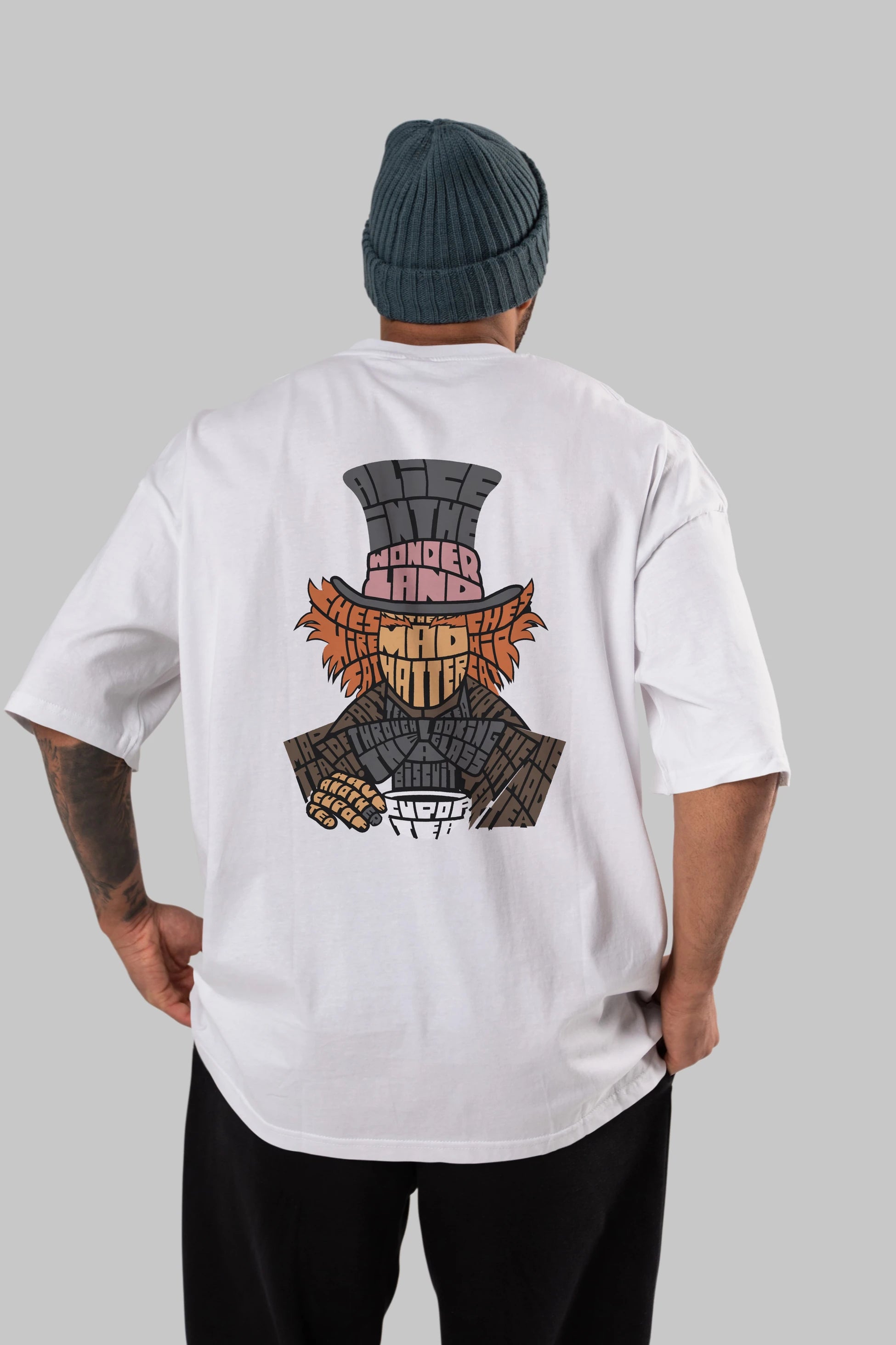 Madhatter Arka Baskılı Oversize t-shirt %100 pamuk Erkek Kadın Unisex