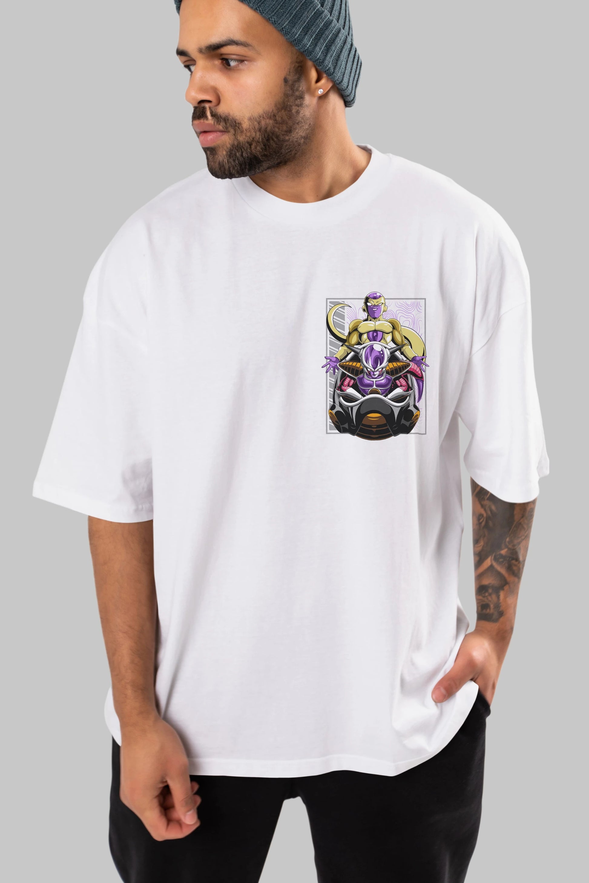 DragonBall Freezer Ön Sol Baskılı Oversize t-shirt Erkek Kadın Unisex %100 Pamuk Bisiklet Yaka tişort