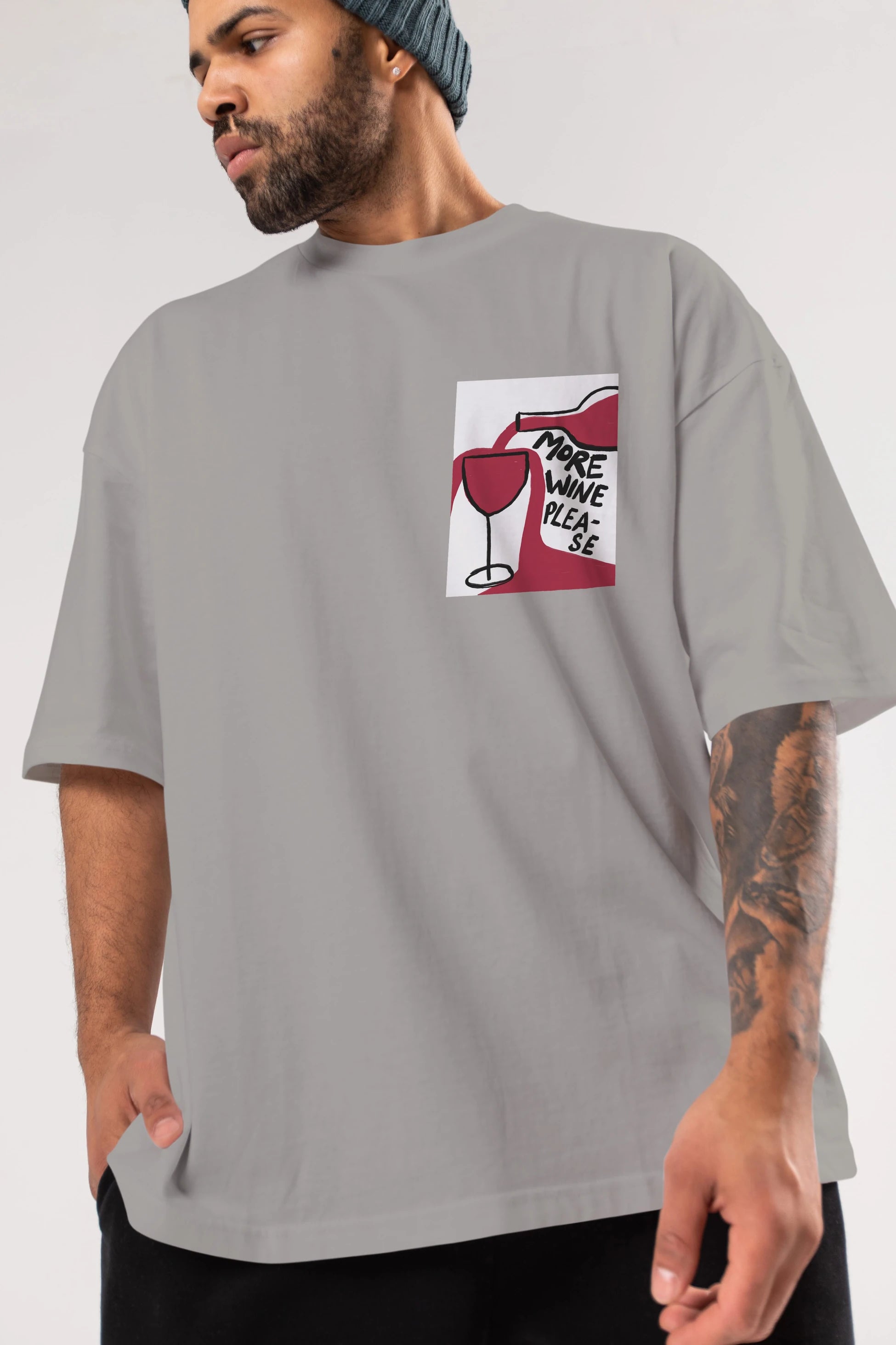 More Wine Please Ön Sol Baskılı Oversize t-shirt Erkek Kadın Unisex %100 Pamuk Bisiklet Yaka tişort