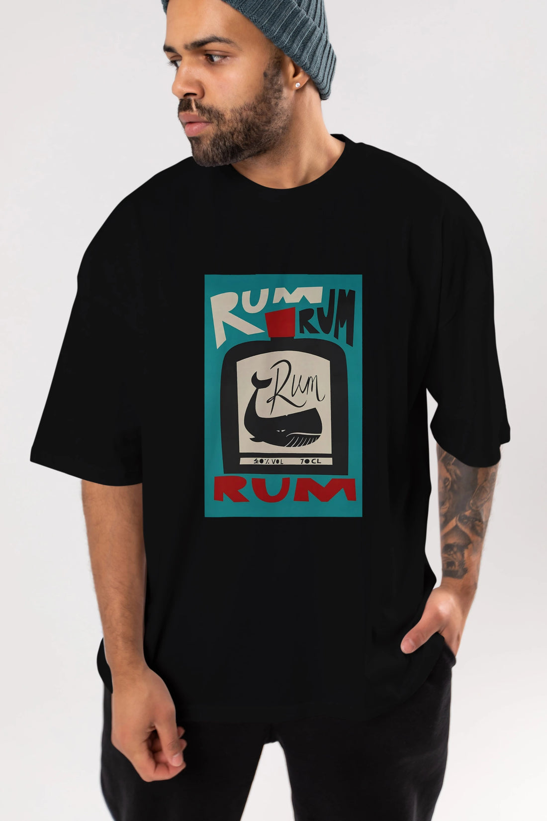 Rum Ön Baskılı Oversize t-shirt Erkek Kadın Unisex %100 Pamuk Bisiklet Yaka tişort
