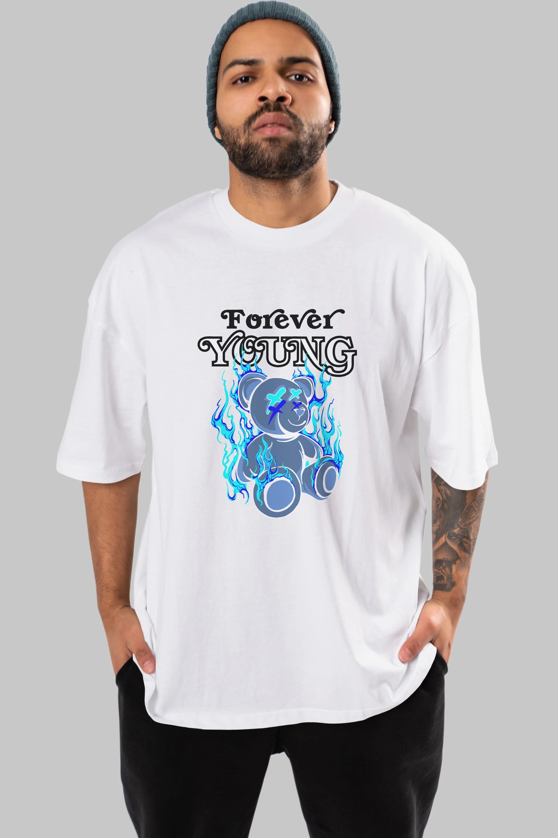 Forever Young Bear Ön Baskılı Oversize t-shirt Erkek Kadın Unisex