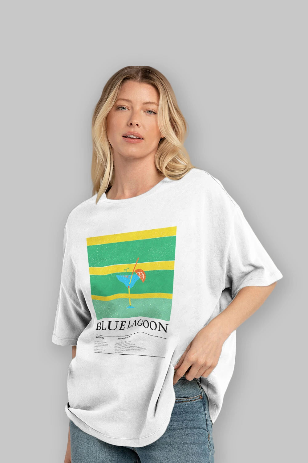 Blue Lagoon Kokteyl Ön Baskılı Oversize t-shirt Erkek Kadın %100 Pamuk Bisiklet Yaka tişort