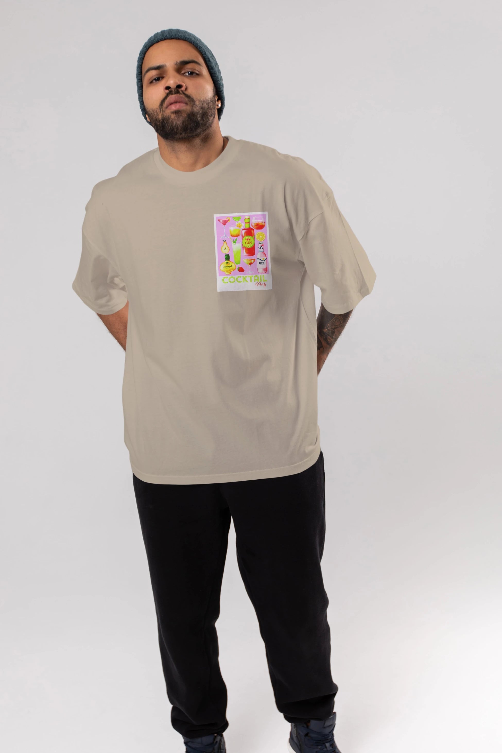Cocktail Party Ön Sol Baskılı Oversize t-shirt Erkek Kadın Unisex %100 Pamuk Bisiklet Yaka tişort
