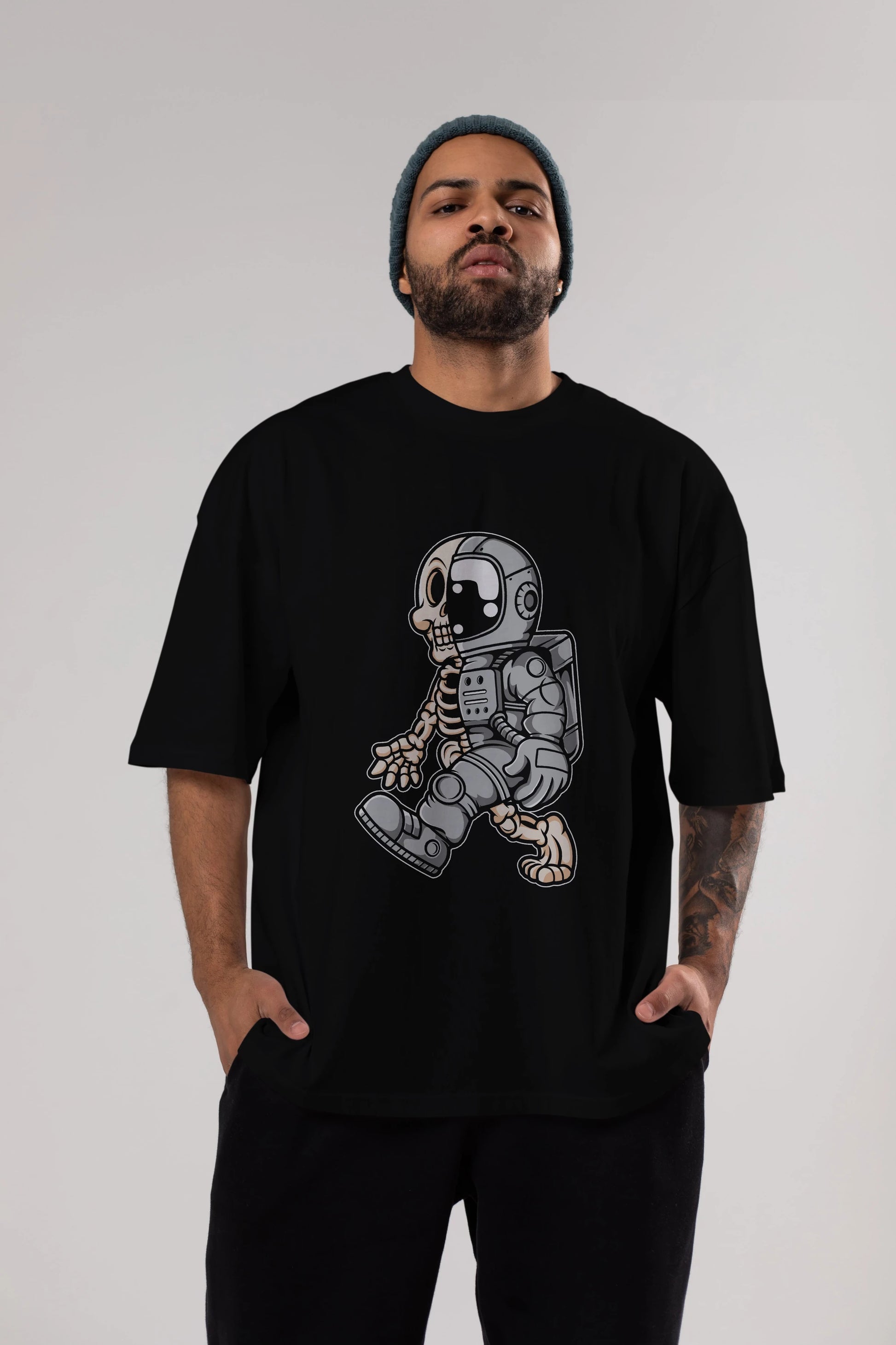 Astronaut Half Skull Ön Baskılı Oversize t-shirt Erkek Kadın Unisex