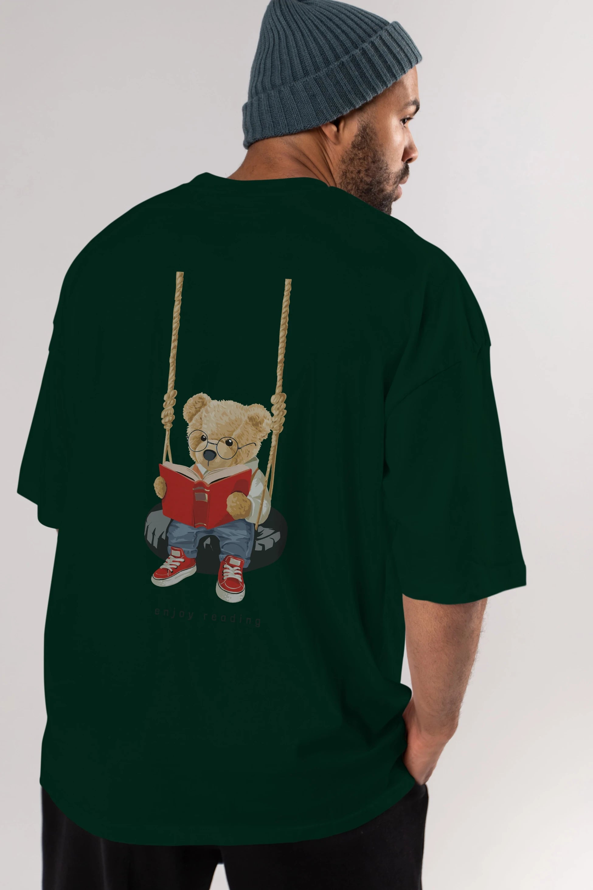 Teddy Bear Enjoy Reading Arka Baskılı Oversize t-shirt Erkek Kadın Unisex %100 Pamuk