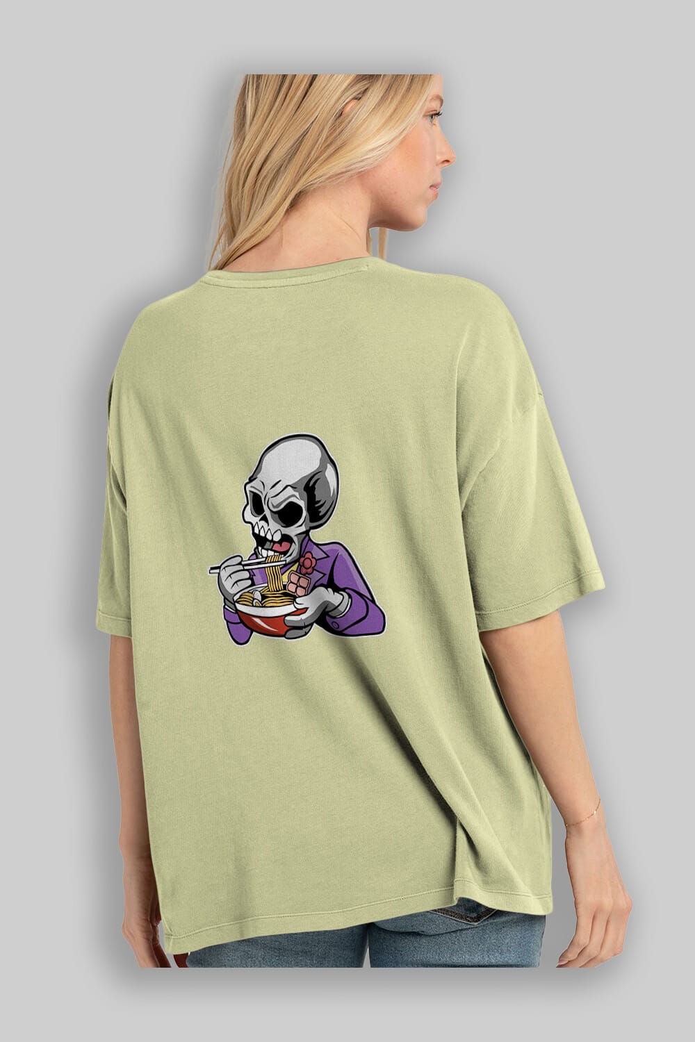 Skull Ramen Arka Baskılı Oversize t-shirt Erkek Kadın Unisex %100 Pamuk tişort