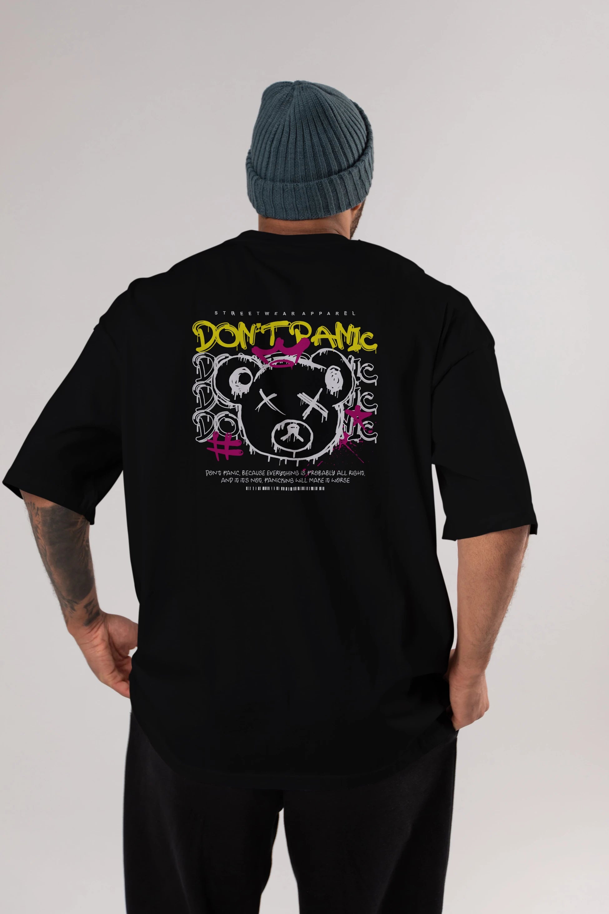 Teddy Bear Dont Panic Arka Baskılı Oversize t-shirt Erkek Kadın Unisex