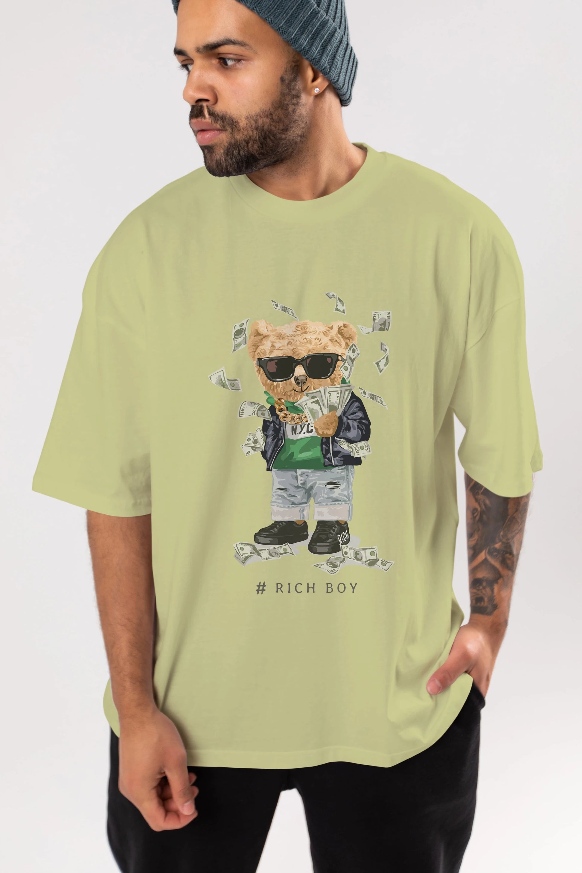 Teddy Bear Rich Boy Ön Baskılı Oversize t-shirt Erkek Kadın Unisex %100 Pamuk