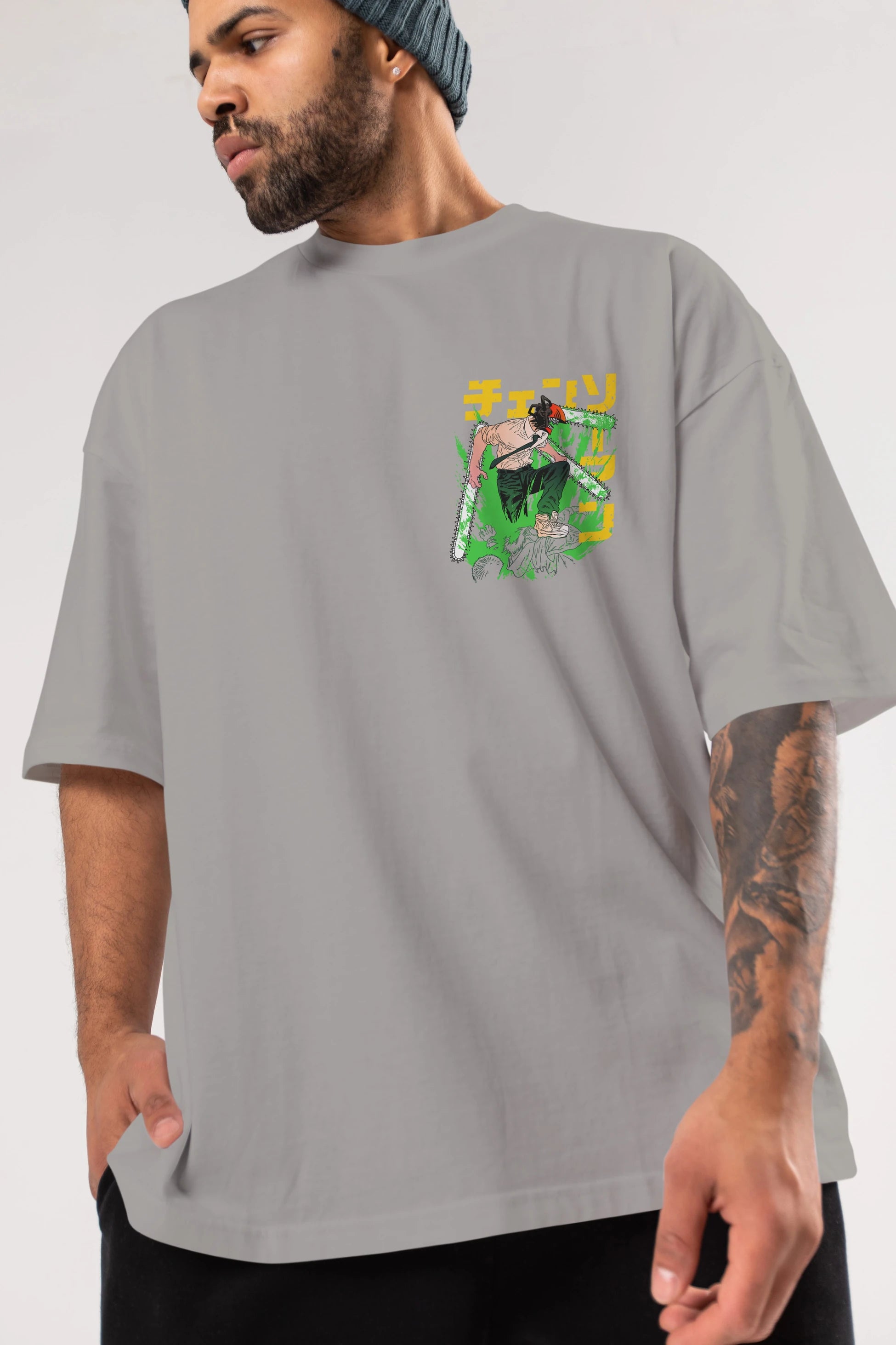 CHAINSAWMAN DENJI Ön Sol Baskılı Oversize t-shirt Erkek Kadın Unisex %100 Pamuk Bisiklet Yaka tişort