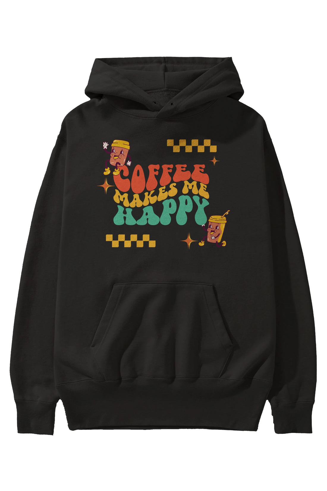 Coffee Makes Me Happy Yazılı Ön Baskılı Oversize Hoodie Kapüşonlu Sweatshirt Erkek Kadın Unisex
