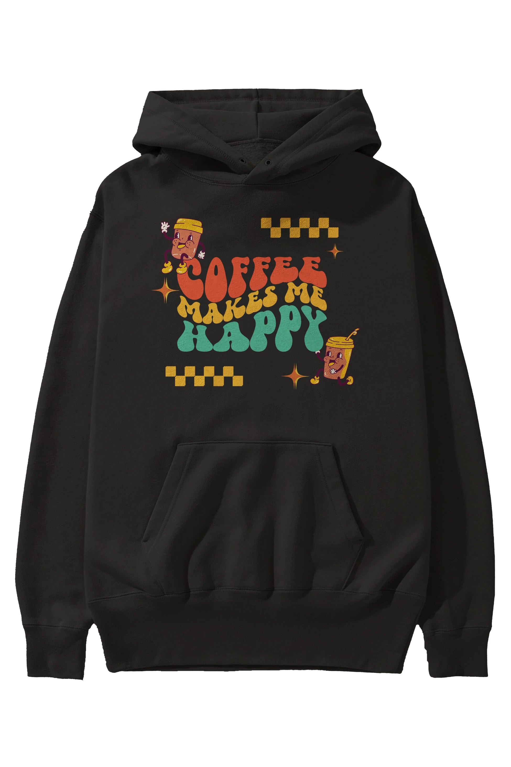 Coffee Makes Me Happy Yazılı Ön Baskılı Oversize Hoodie Kapüşonlu Sweatshirt Erkek Kadın Unisex