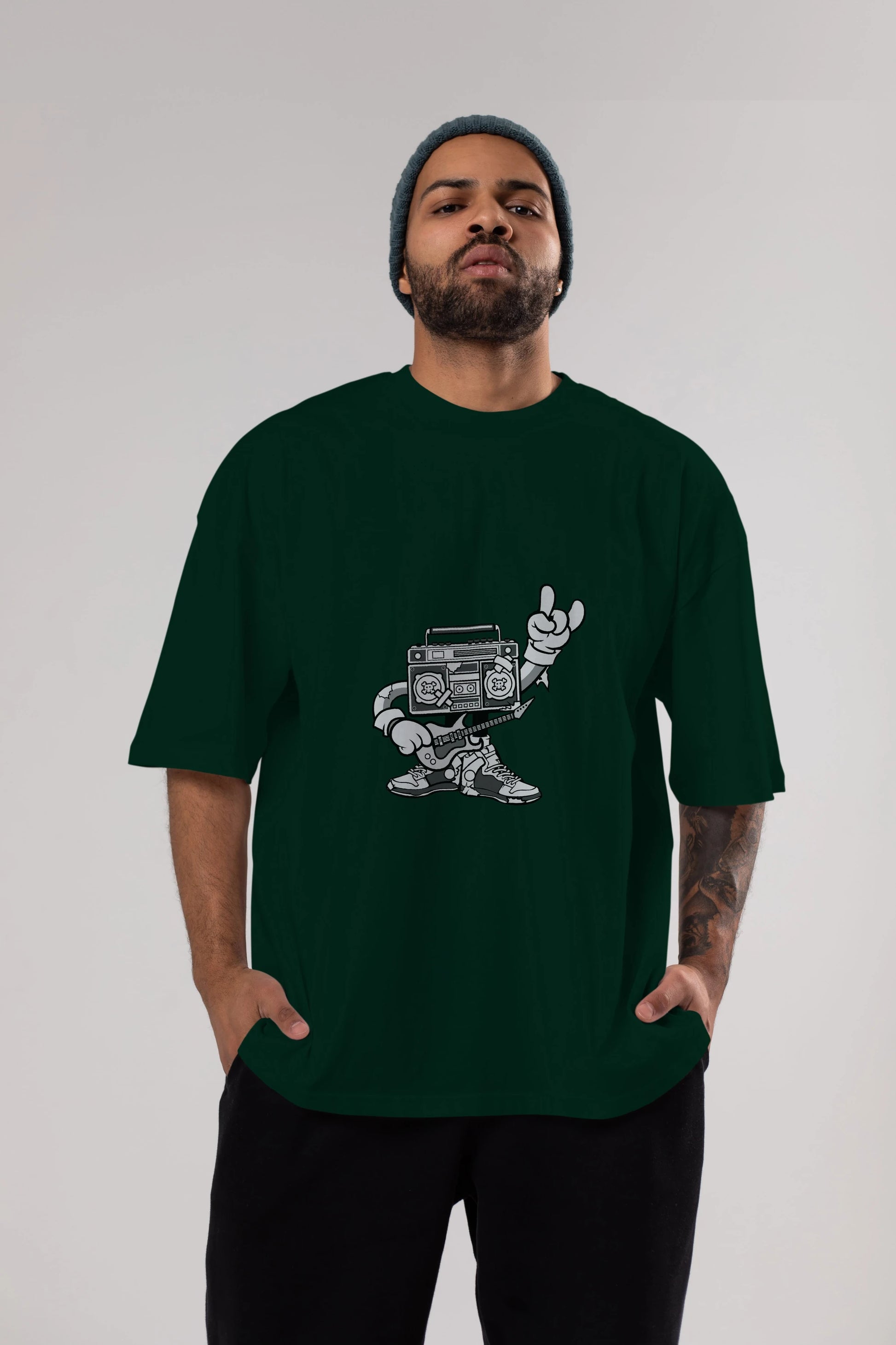 Boombox Rockstar Ön Baskılı Oversize t-shirt Erkek Kadın Unisex %100 Pamuk tişort