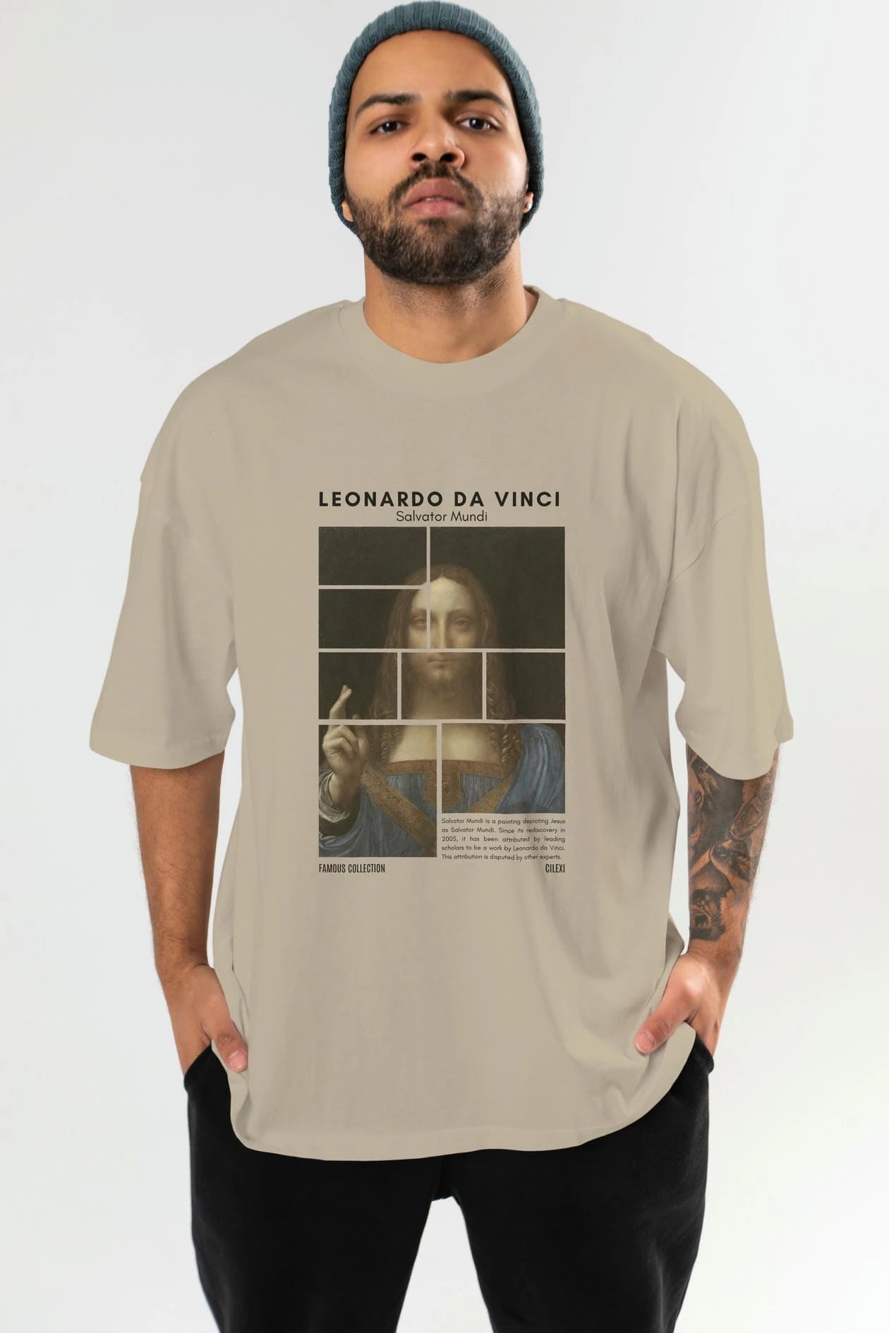 Salvador Mundi ön Baskılı Oversize t-shirt Erkek Kadın Bisiklet Yaka Pamuk tişort