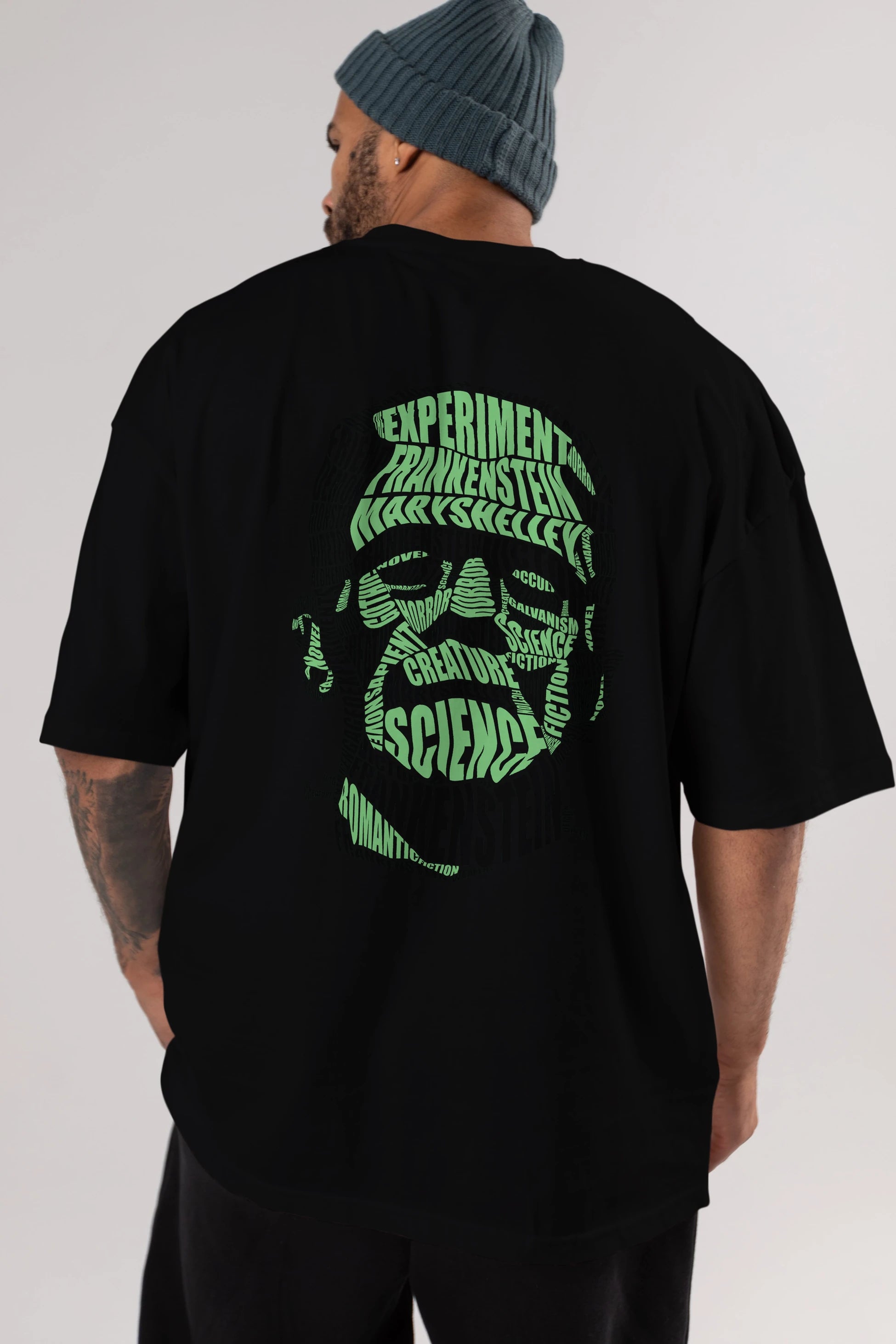 Frankenstein Calligram Arka Baskılı Oversize t-shirt %100 pamuk Erkek Kadın Unisex