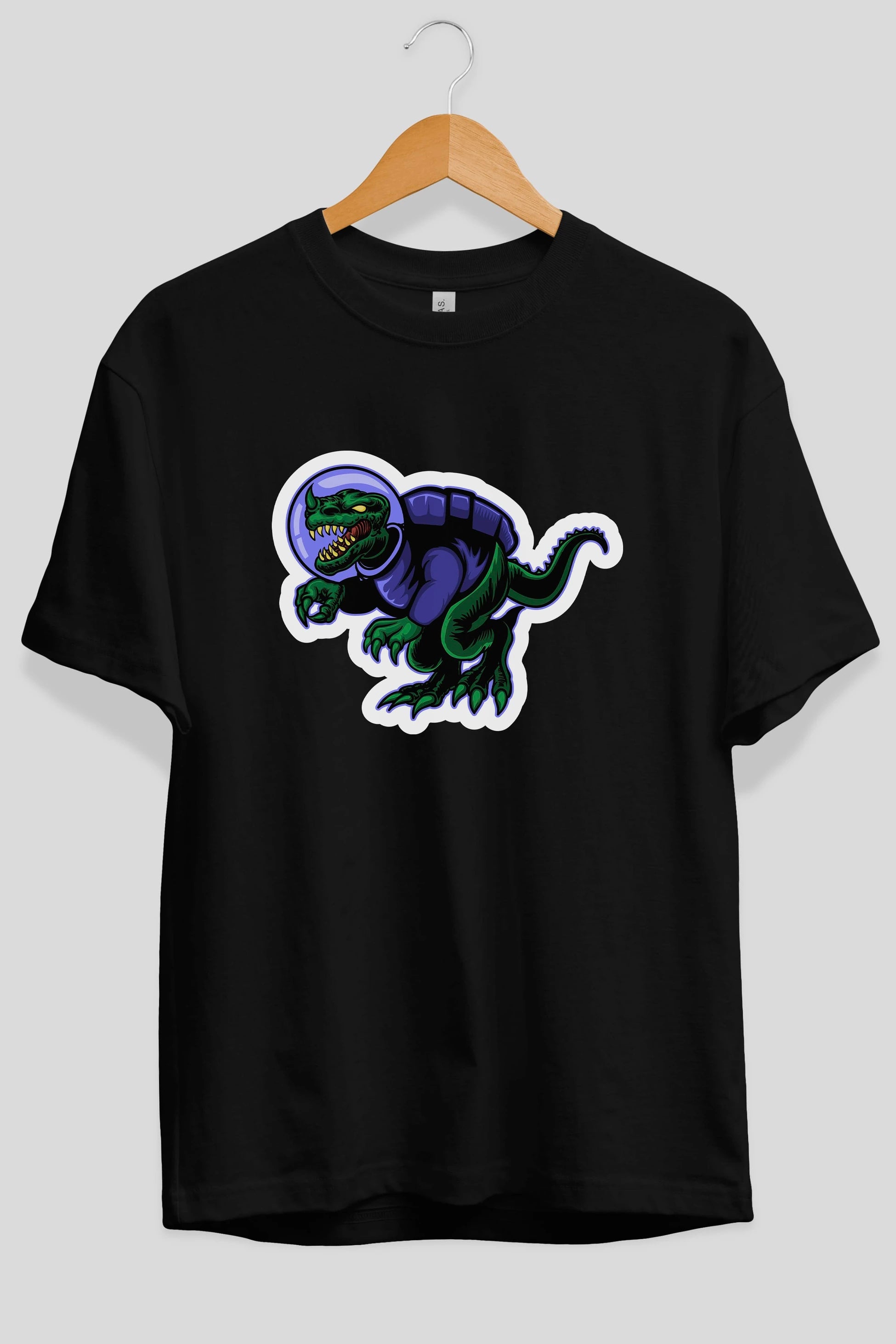 Space Dino Sticker Ön Baskılı Oversize t-shirt Erkek Kadın Unisex