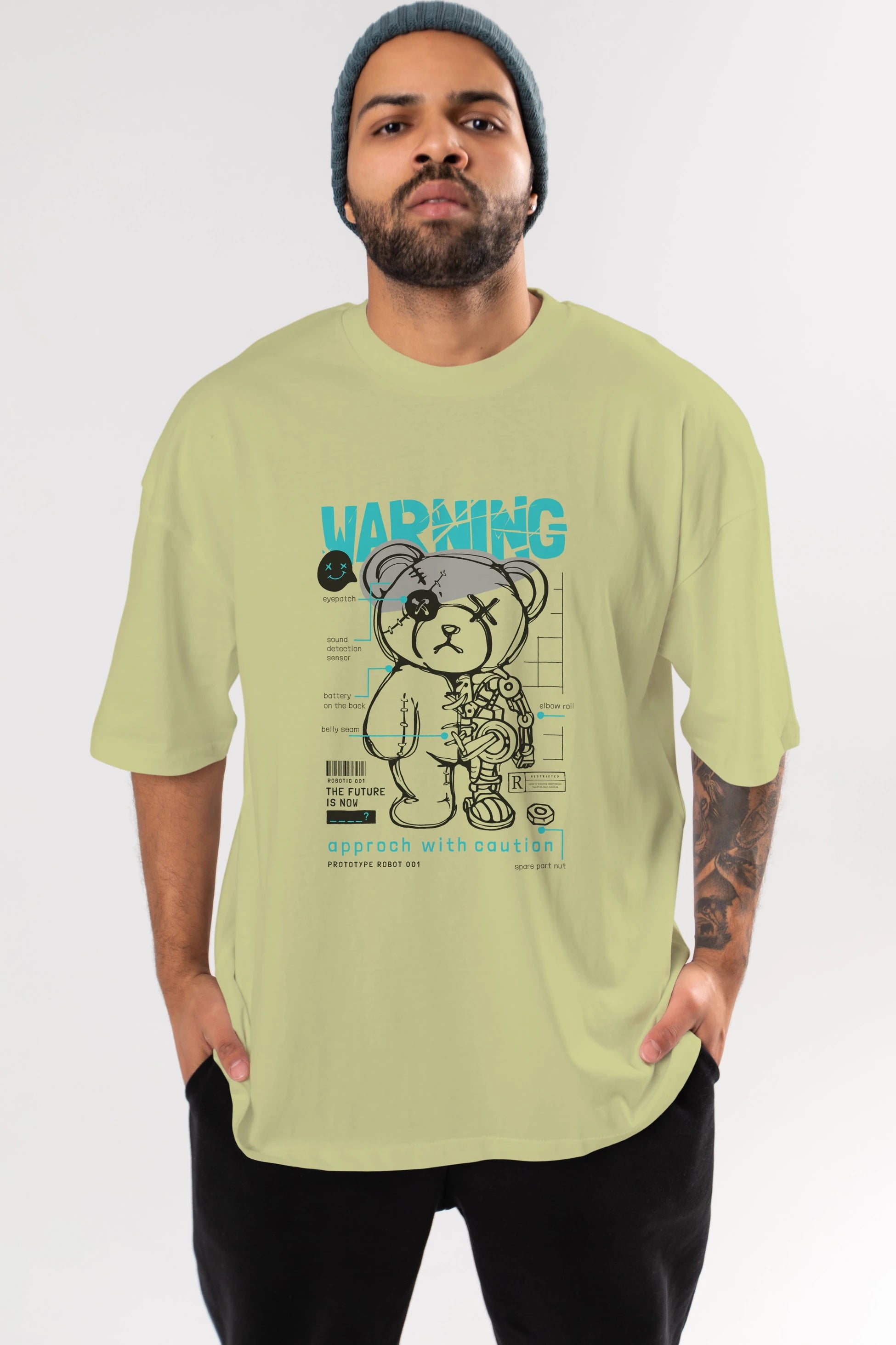 Teddy Bear Warning Ön Baskılı Oversize t-shirt Erkek Kadın Unisex