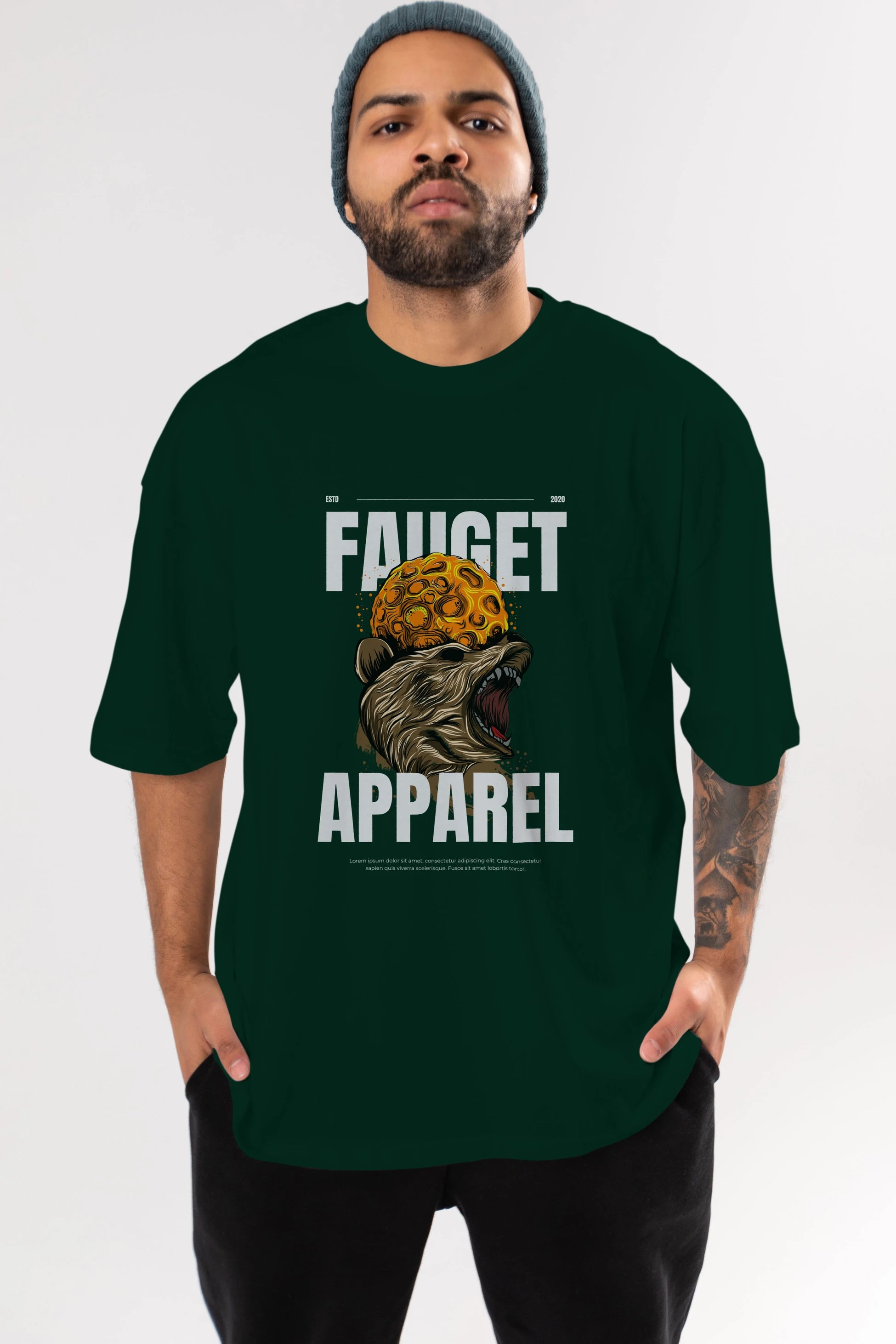 Bear Angry Fauget Apparel Ön Baskılı Oversize t-shirt Erkek Kadın Unisex