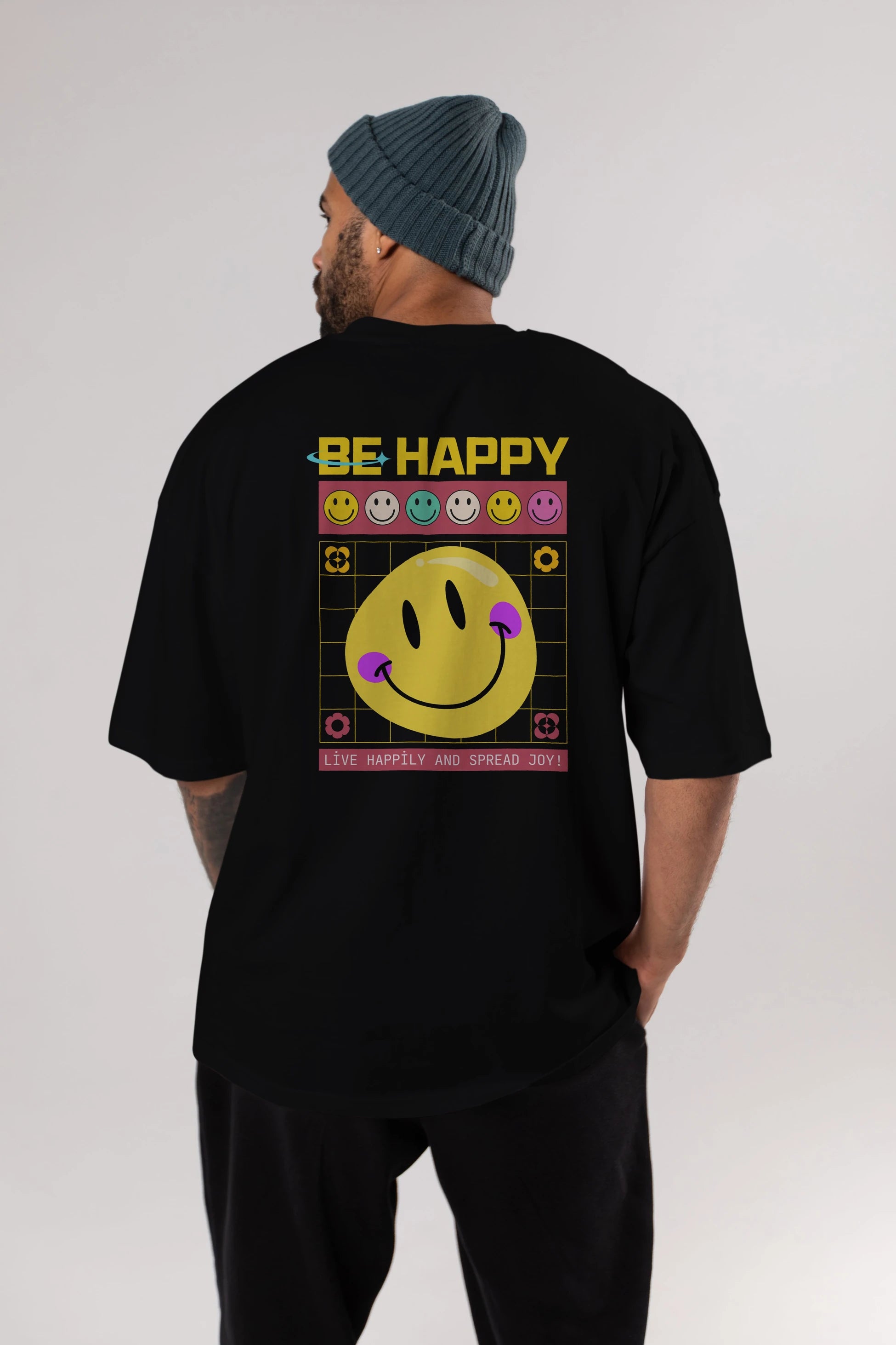 Be Happy Yazılı Arka Baskılı Oversize t-shirt Erkek Kadın Unisex
