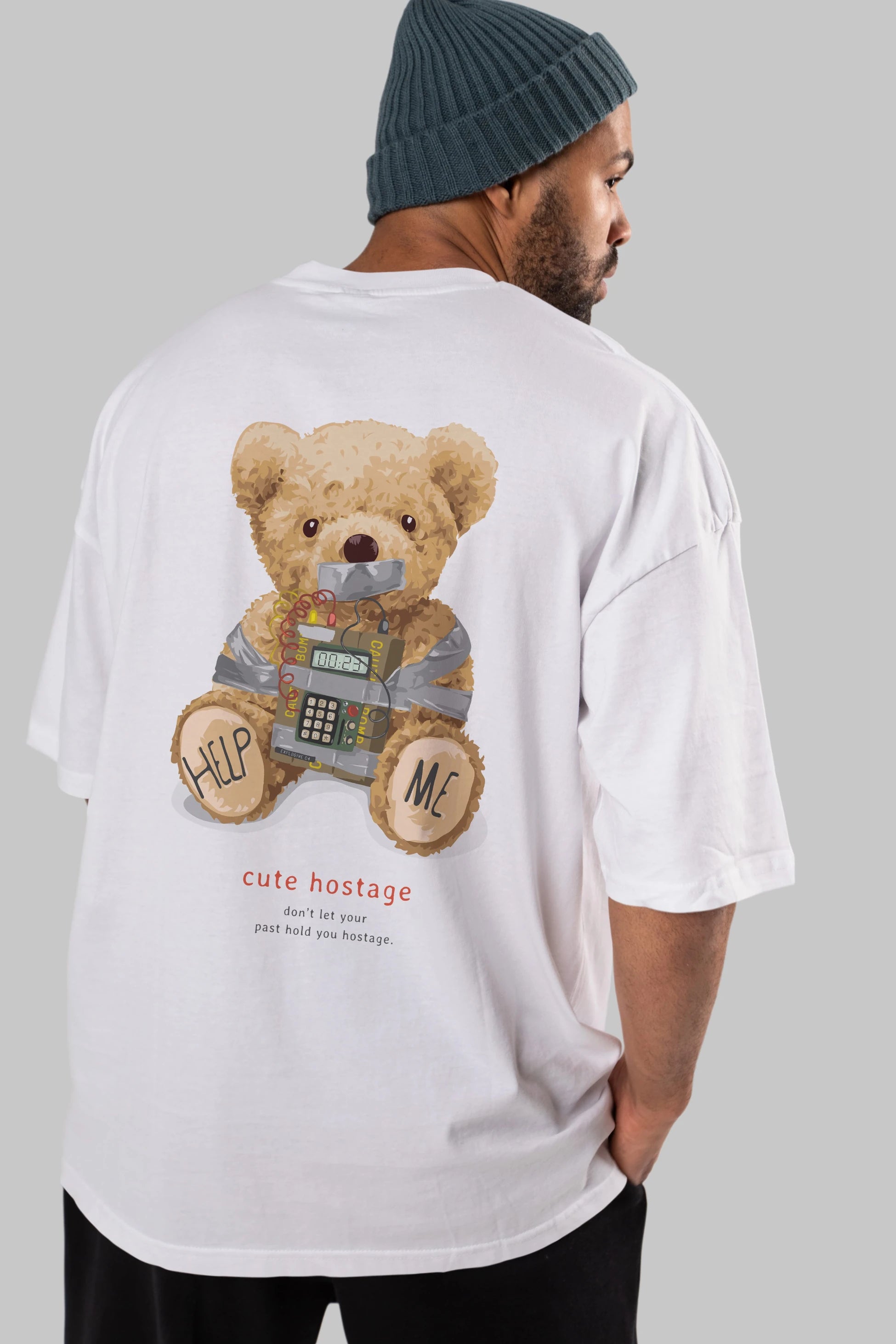 Teddy Bear Help Me Arka Baskılı Oversize t-shirt Erkek Kadın Unisex %100 Pamuk