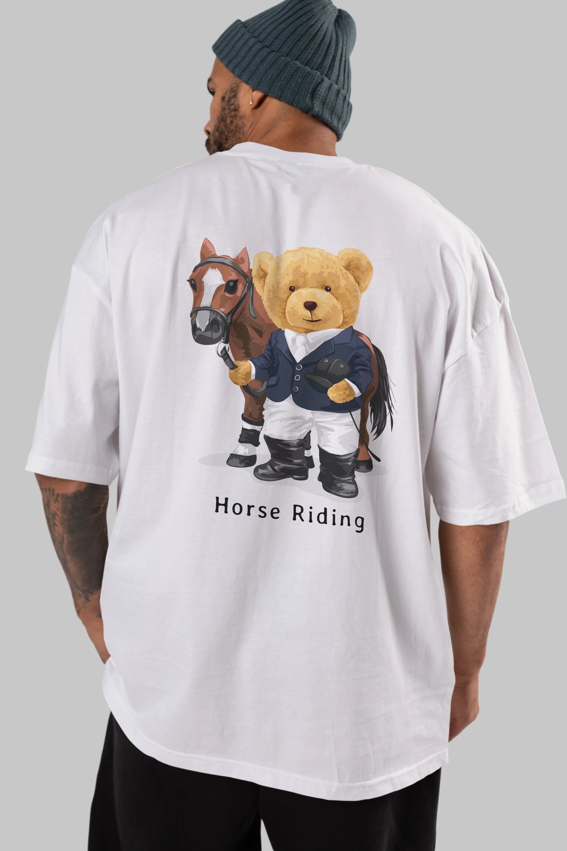 Teddy Bear Horse Riding Arka Baskılı Oversize t-shirt Erkek Kadın Unisex %100 Pamuk