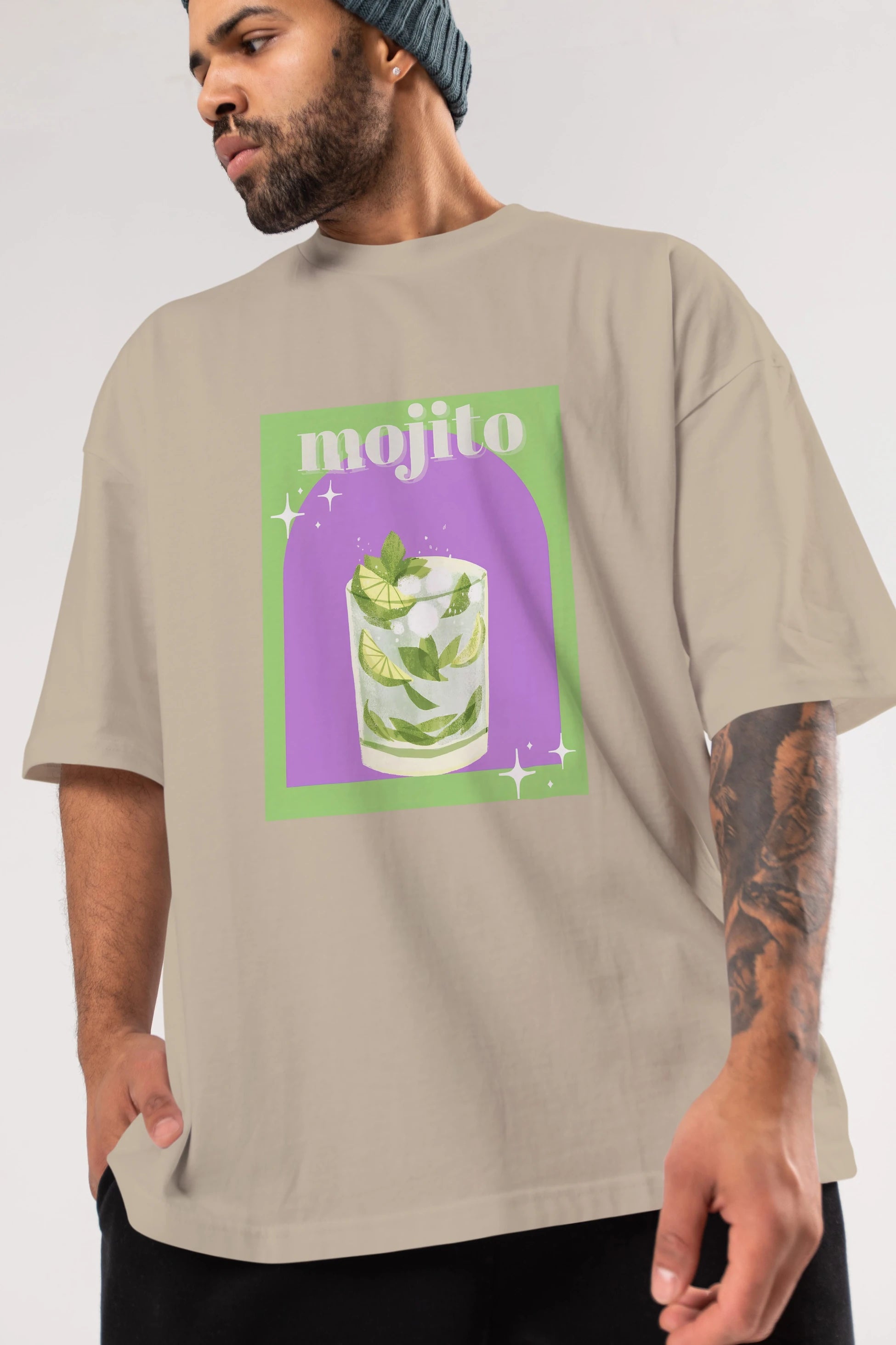 Mojito 3 Ön Baskılı Oversize t-shirt Erkek Kadın Unisex %100 Pamuk Bisiklet Yaka tişort