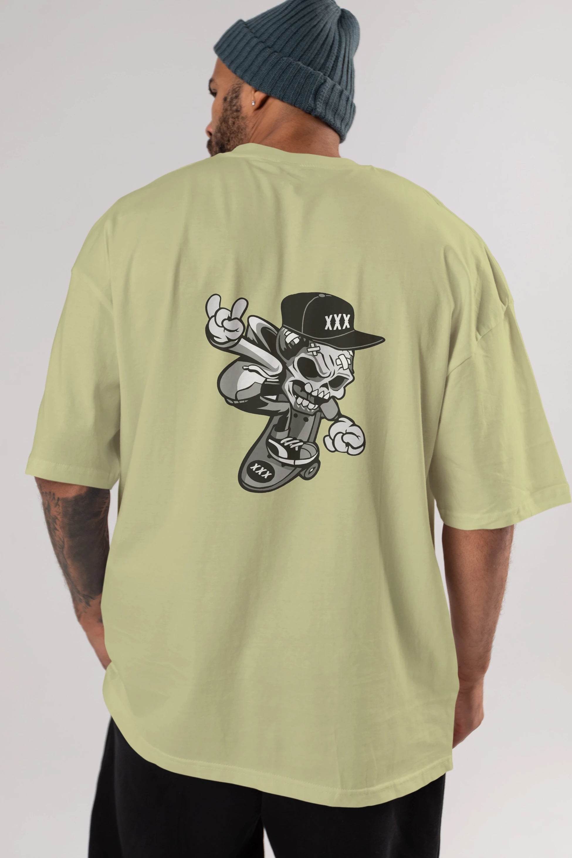 Skull Skateboard Arka Baskılı Oversize t-shirt Erkek Kadın Unisex %100 Pamuk tişort