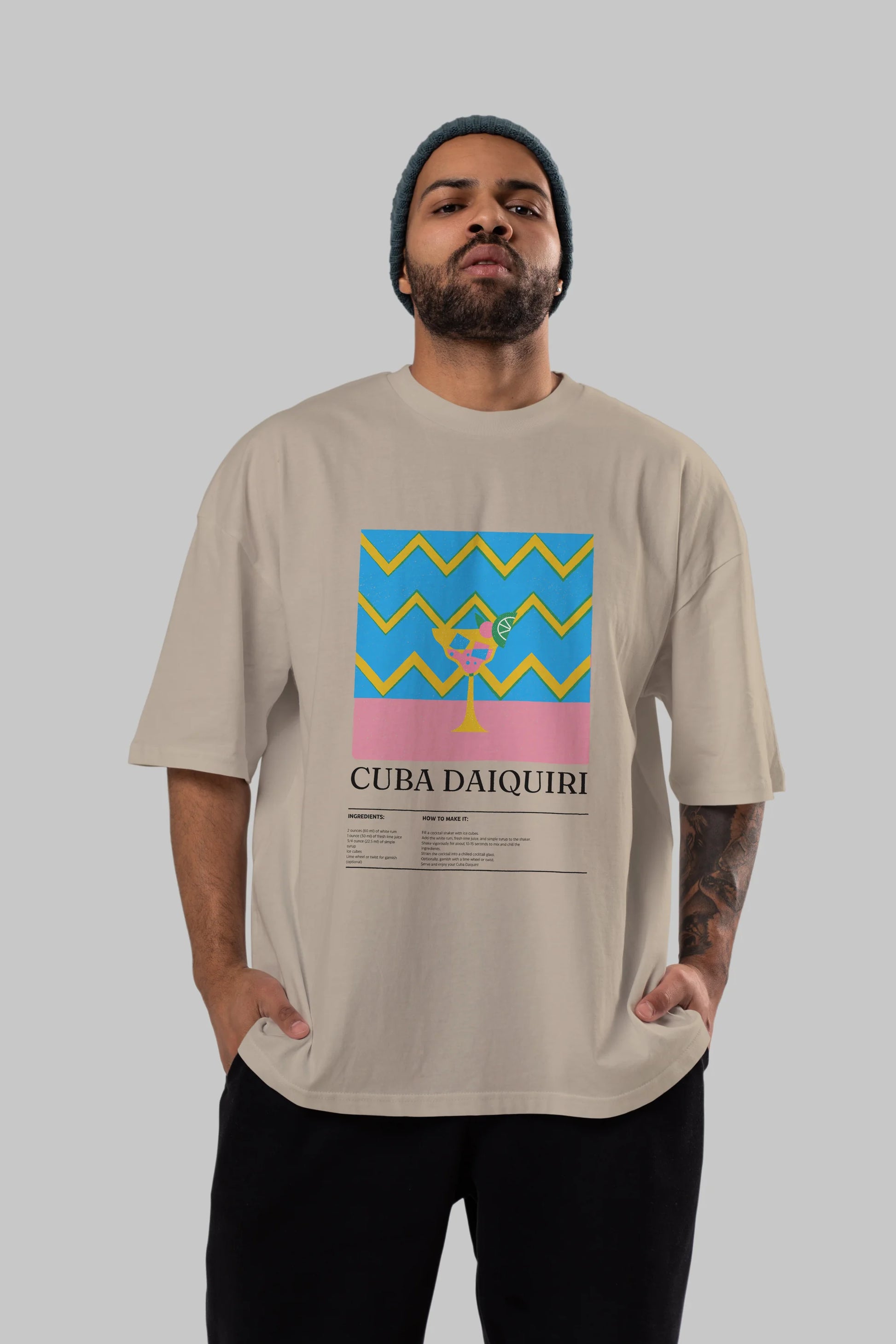Cuba Daiquiri Kokteyl Ön Baskılı Oversize t-shirt Erkek Kadın %100 Pamuk Bisiklet Yaka tişort