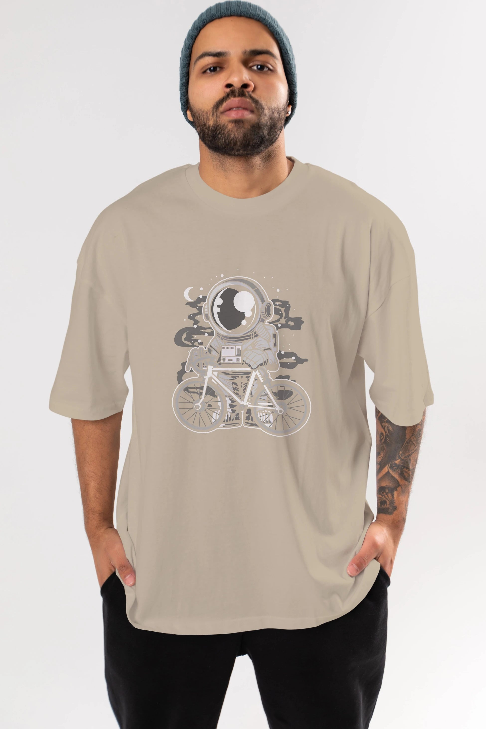 Bicycle Astronaut Ön Baskılı Oversize t-shirt Erkek Kadın Unisex