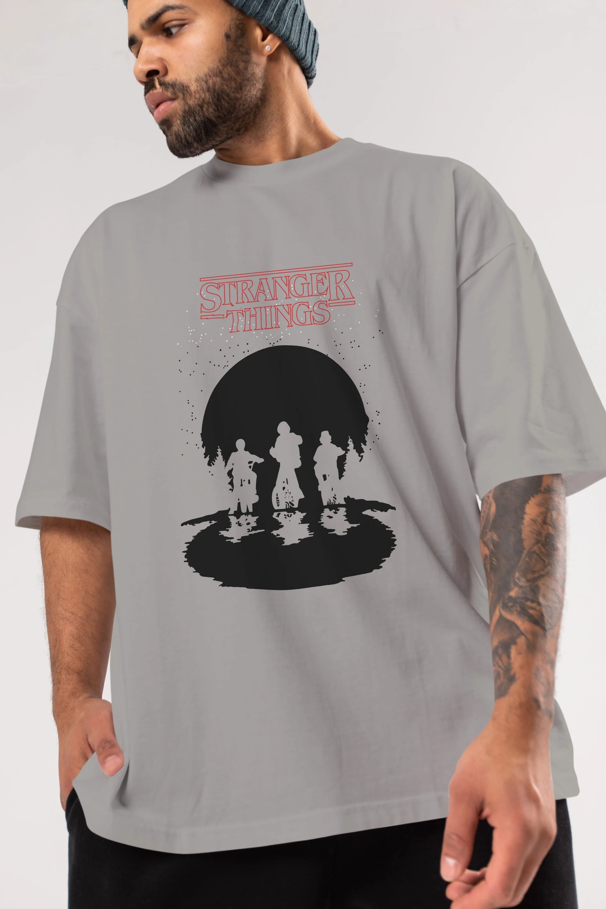 Stranger Things Ön Baskılı Oversize t-shirt Erkek Kadın Unisex %100 Pamuk Bisiklet Yaka tişort