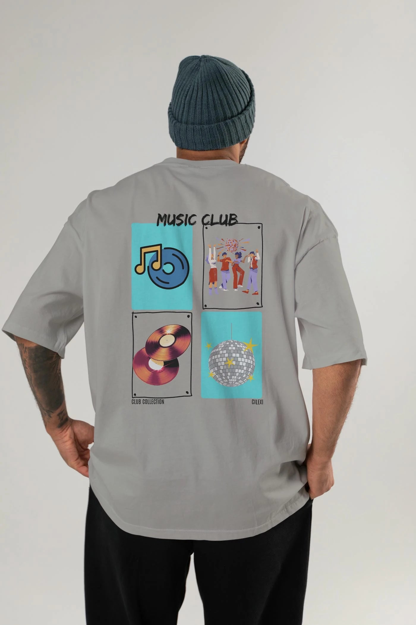 Music Club Arka Baskılı Oversize t-shirt Erkek Kadın %100 Pamuk Bisiklet Yaka tişort