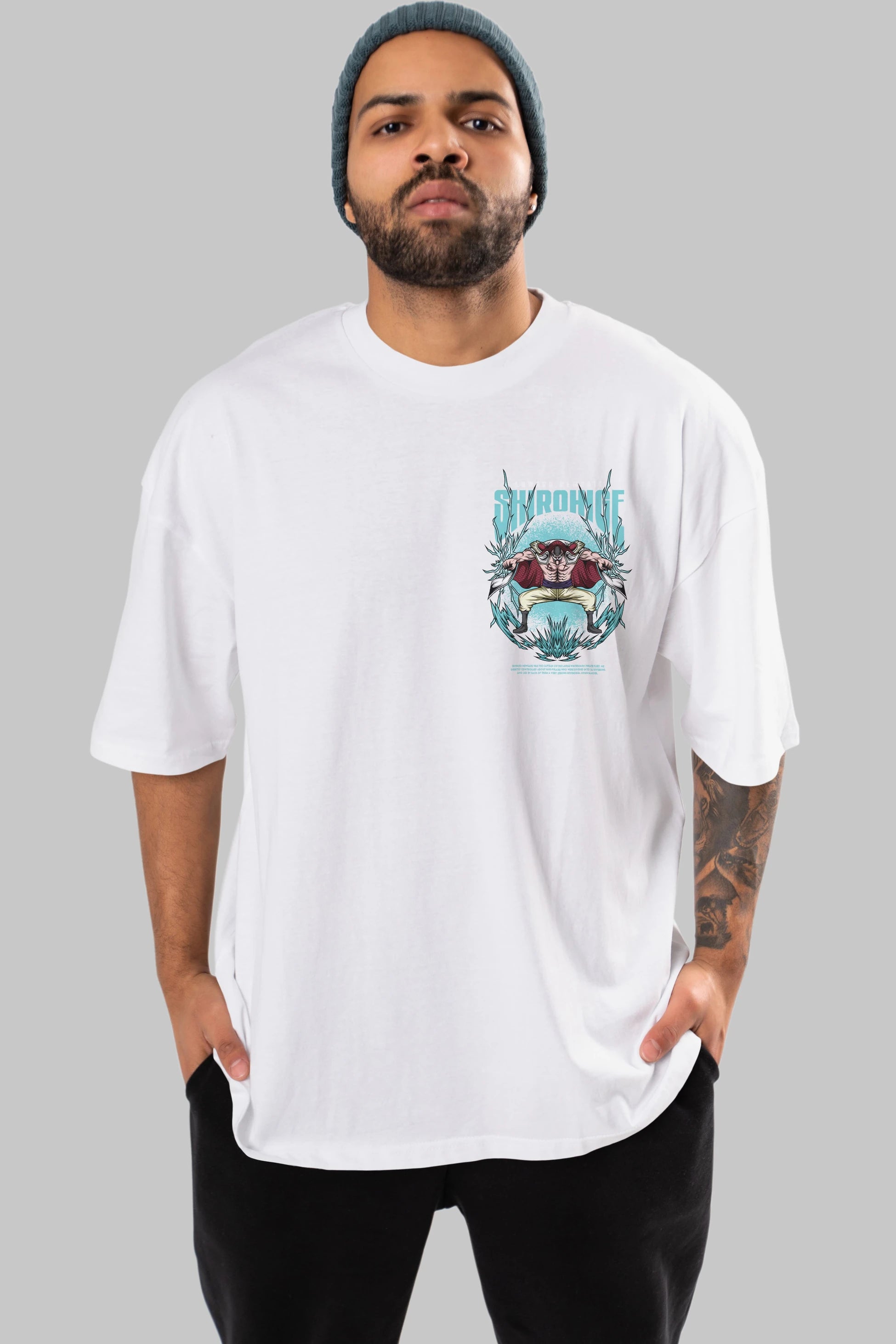 Shirohige Ön Sol Baskılı Oversize t-shirt Erkek Kadın Unisex %100 Pamuk Bisiklet Yaka tişort
