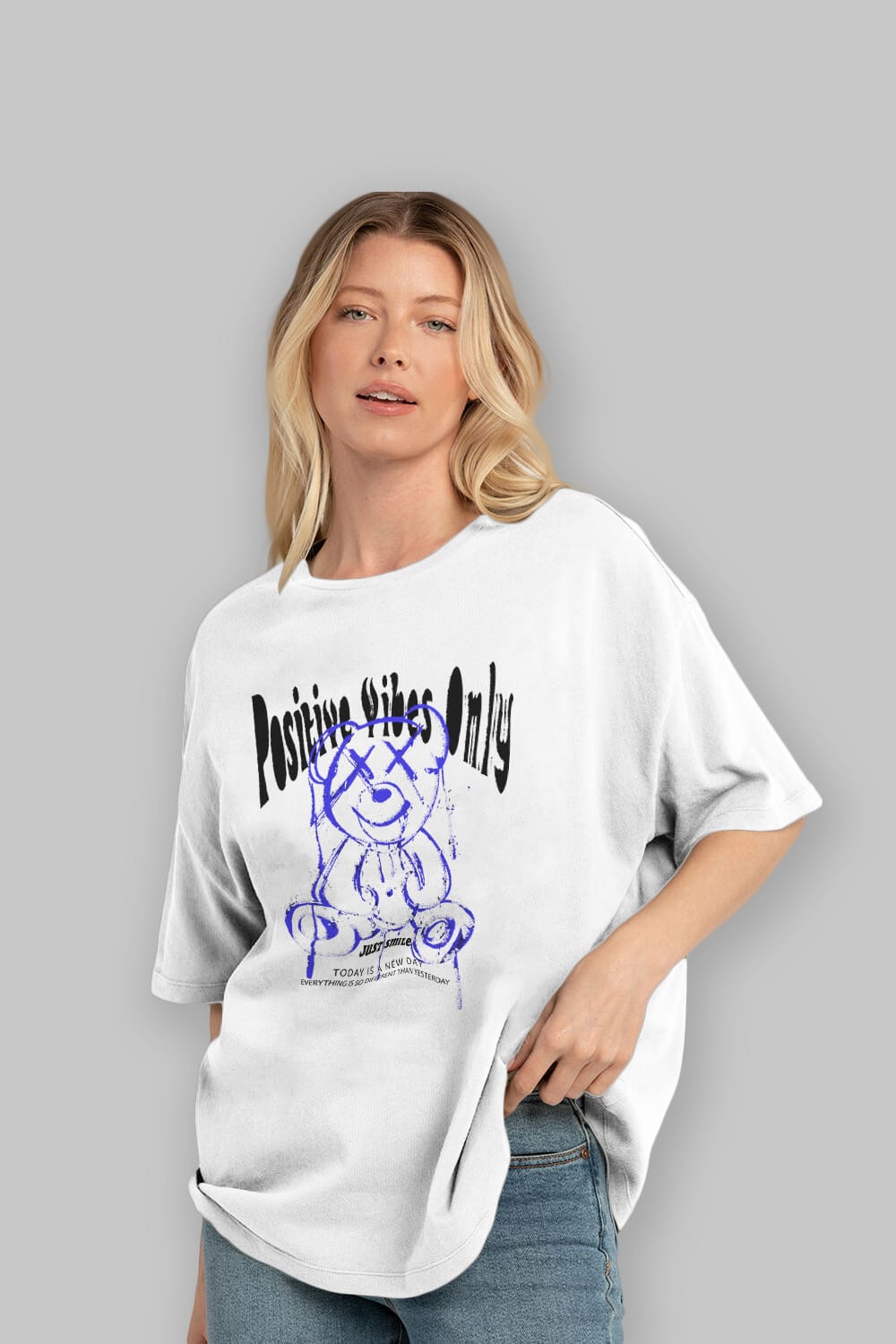 Positive Vibes Only Bear Ön Baskılı Oversize t-shirt Erkek Kadın Unisex