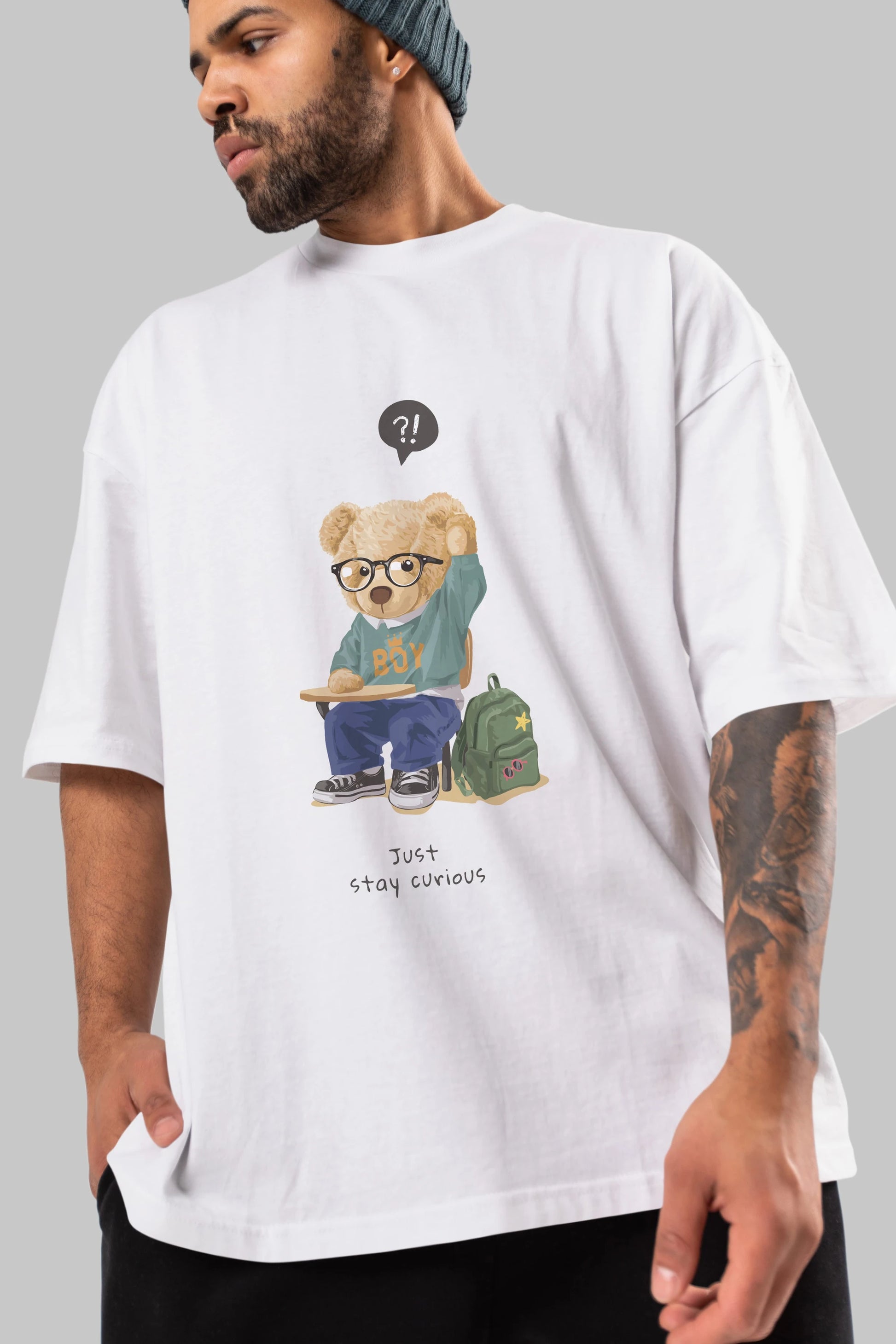 Teddy Bear Just Stay Curious Ön Baskılı Oversize t-shirt Erkek Kadın Unisex %100 Pamuk