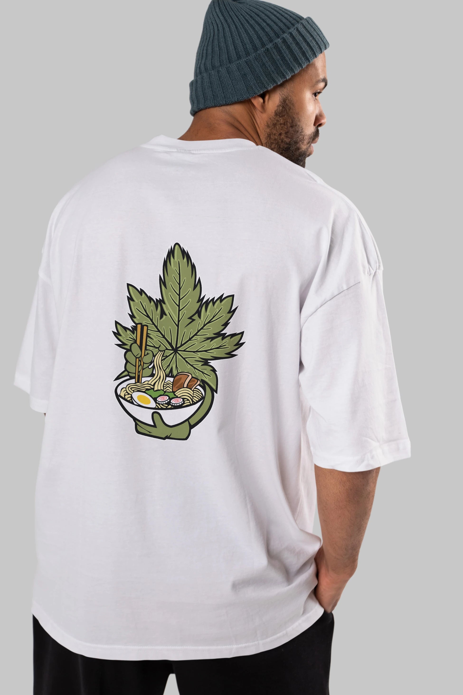 Weed Ramen Arka Baskılı Oversize t-shirt Erkek Kadın Unisex %100 Pamuk tişort