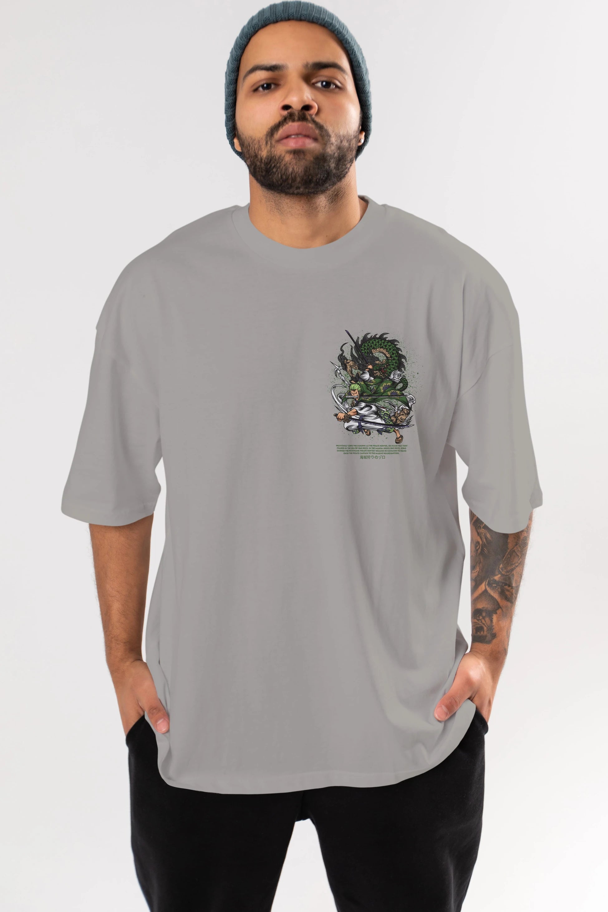 Zoro-ONE PIECE Ön Sol Baskılı Oversize t-shirt Erkek Kadın Unisex %100 Pamuk Bisiklet Yaka tişort