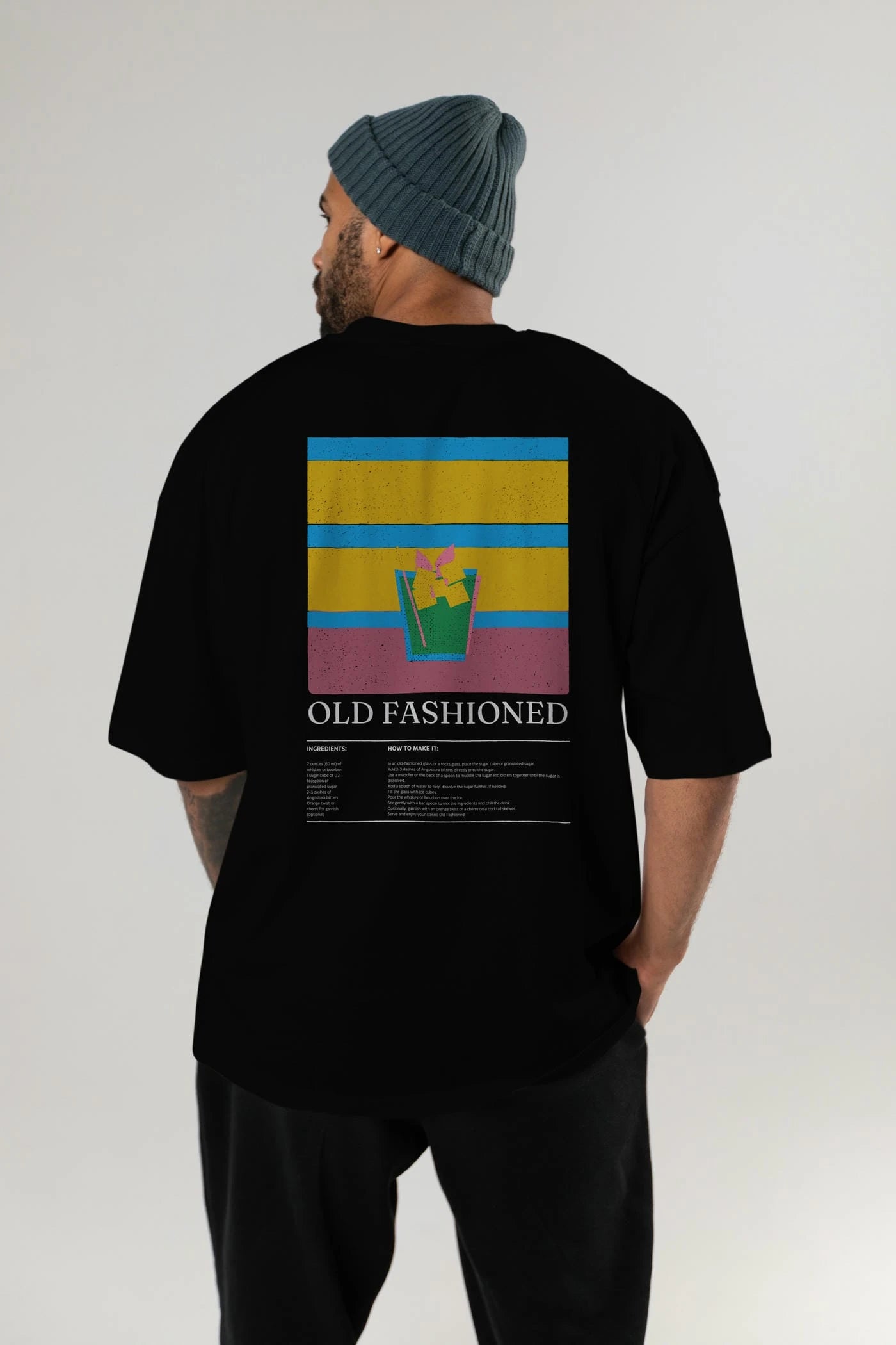 Old Fashioned Kokteyl Serisi Arka Baskılı Oversize t-shirt Erkek Kadın %100 Pamuk Bisiklet Yaka tişort